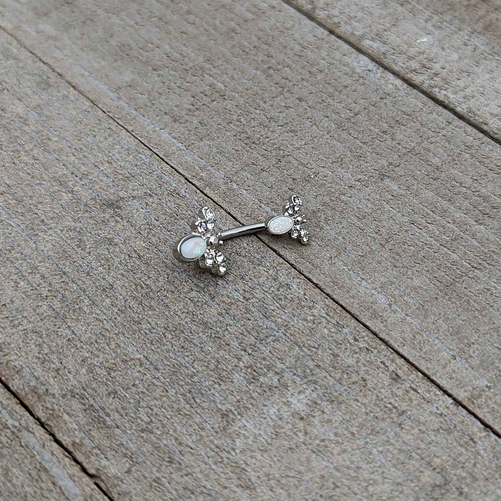 BodyCandy White Faux Opal Clear Gem Double Butterfly Double Mount Belly Ring — alternative angle