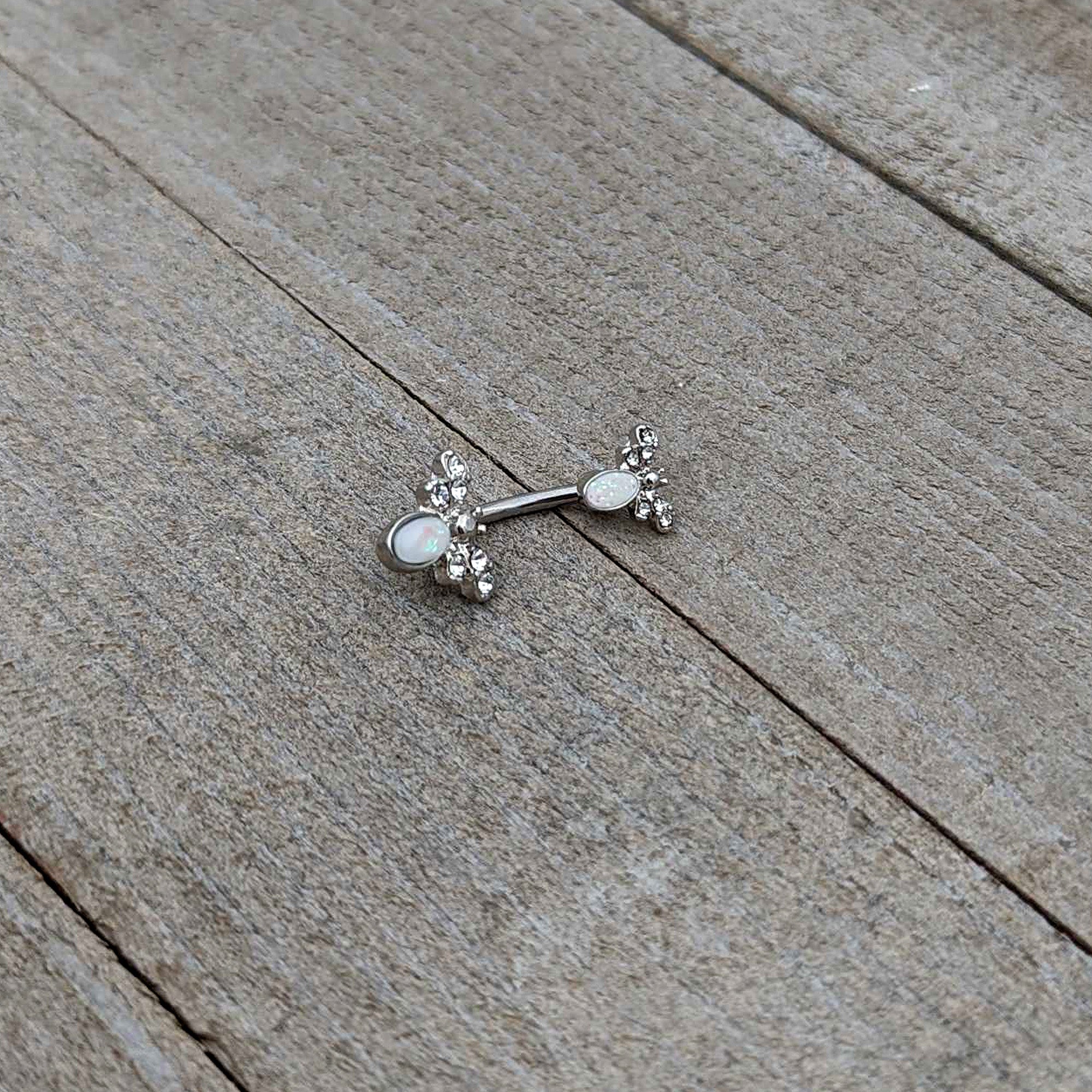 BodyCandy White Faux Opal Clear Gem Double Butterfly Double Mount Belly Ring — alternative angle