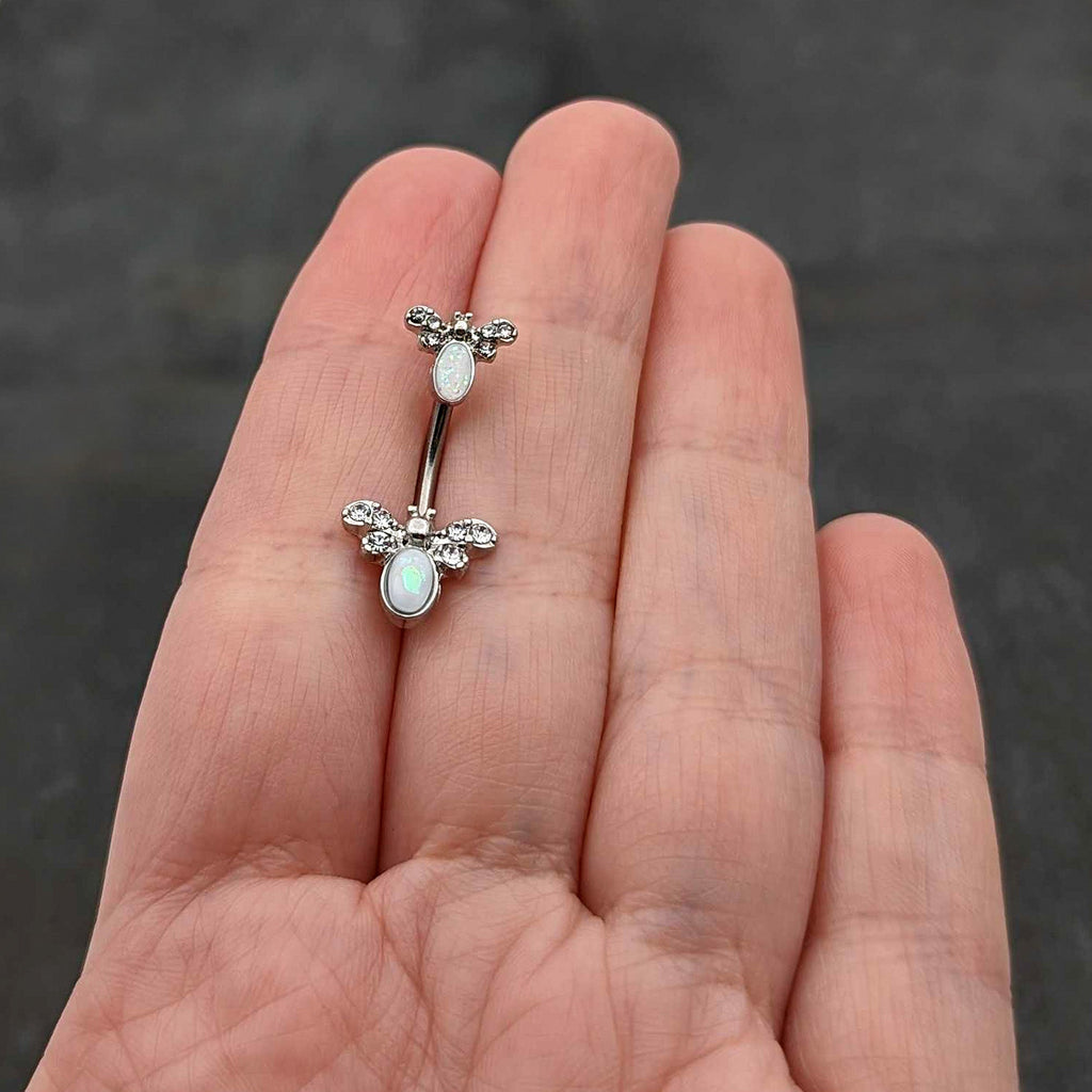 BodyCandy White Faux Opal Clear Gem Double Butterfly Double Mount Belly Ring — in-use photo