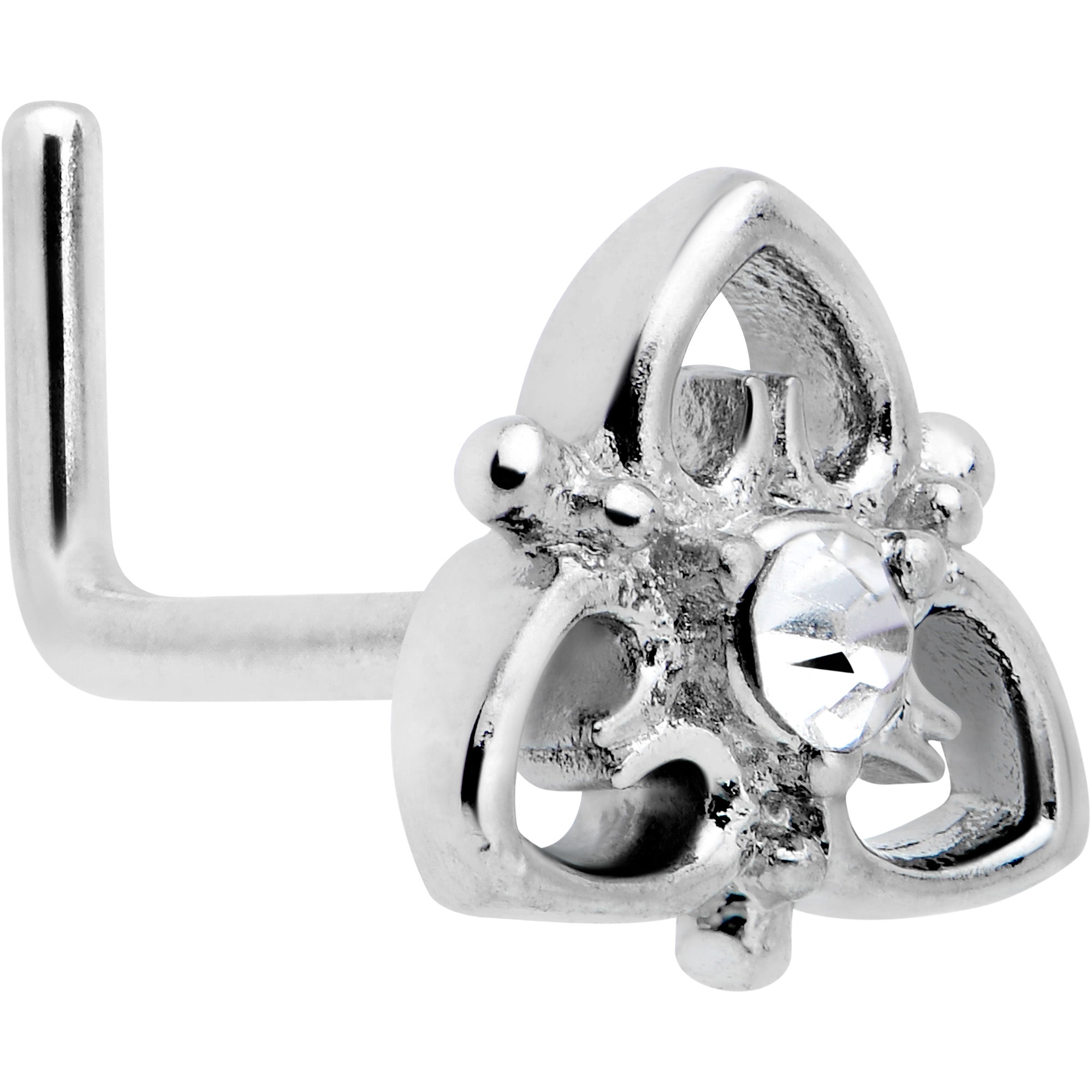 BodyCandy 20G 1/4 Clear CZ Gem Triple Heart Triquetra L Shape Nose Ring — main product shot