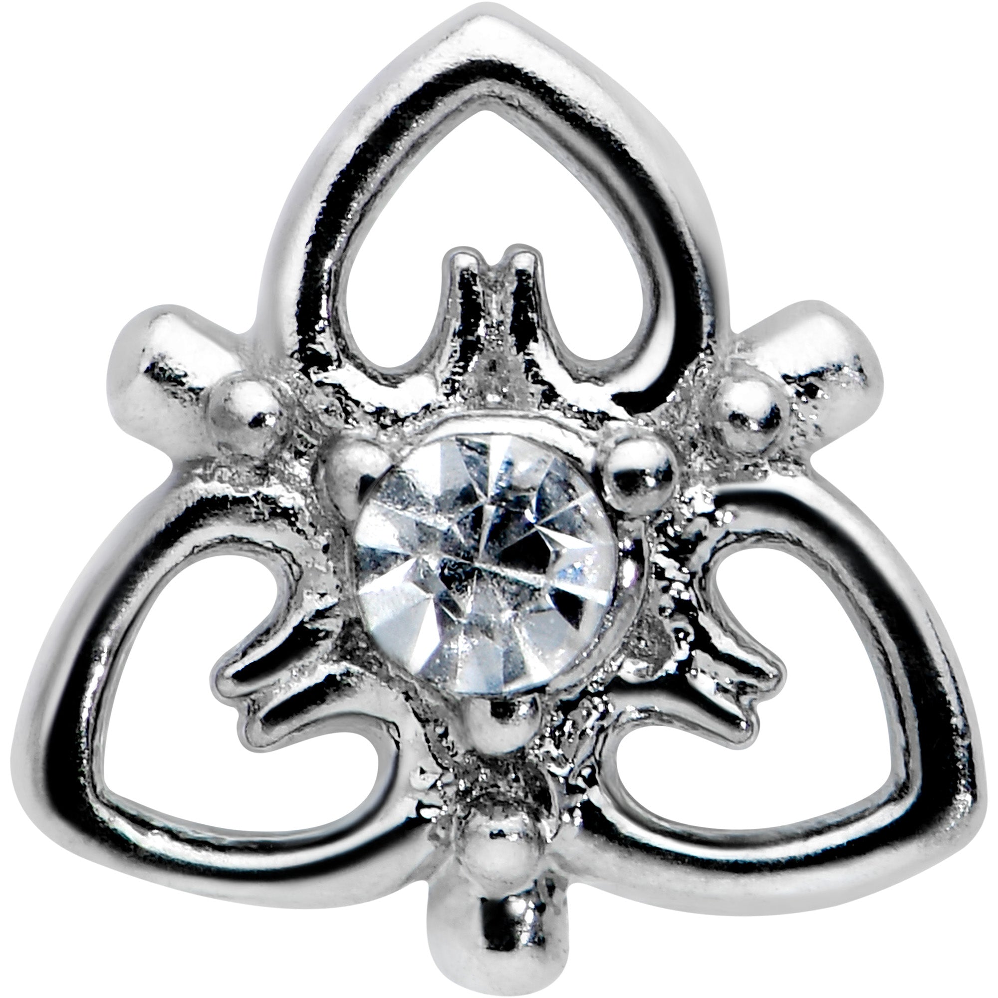 BodyCandy 20G 1/4 Clear CZ Gem Triple Heart Triquetra L Shape Nose Ring — detail close-up