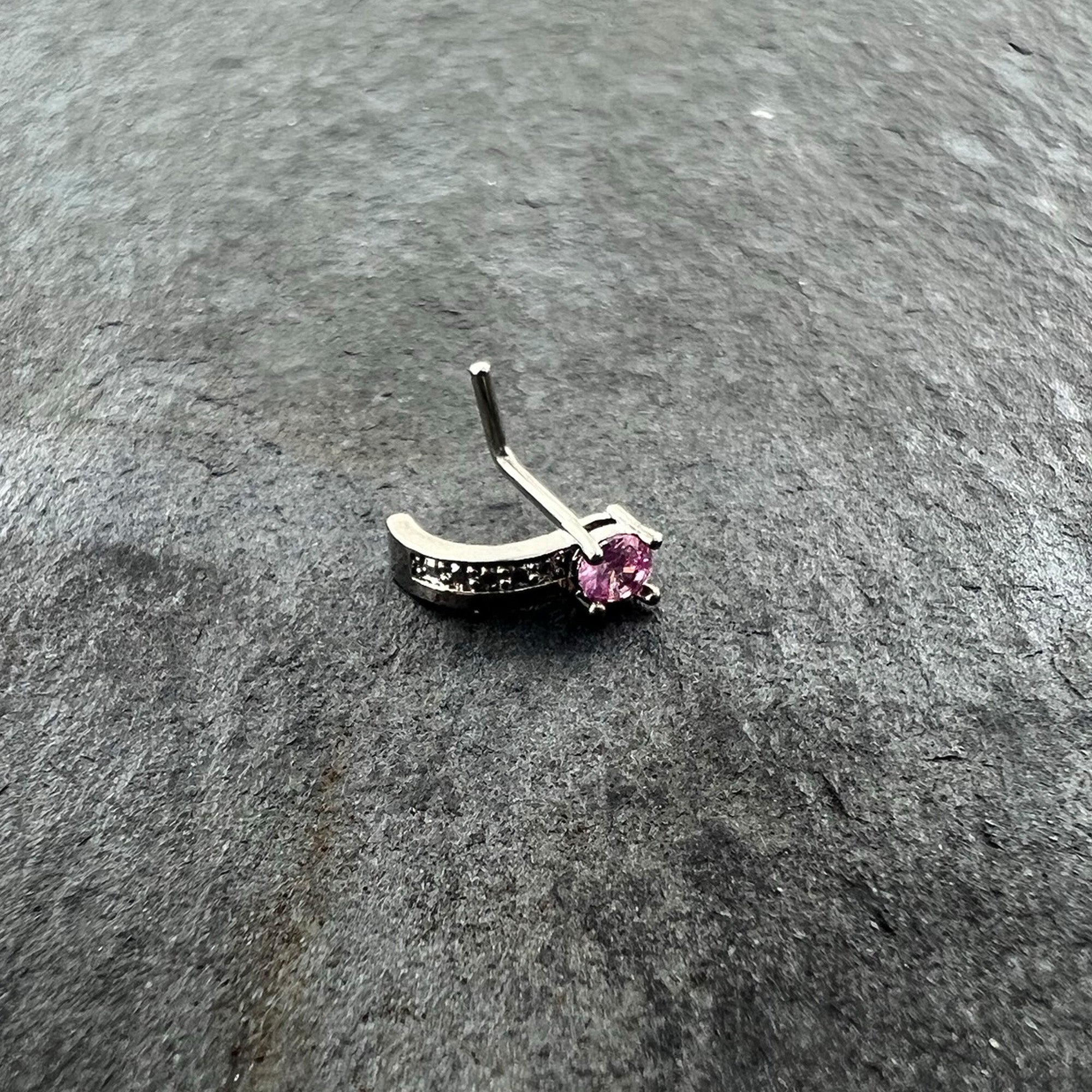 BodyCandy 20G 1/4 Pink Gem Texture Glam Faux Hoop L Shape Nose Ring — back view