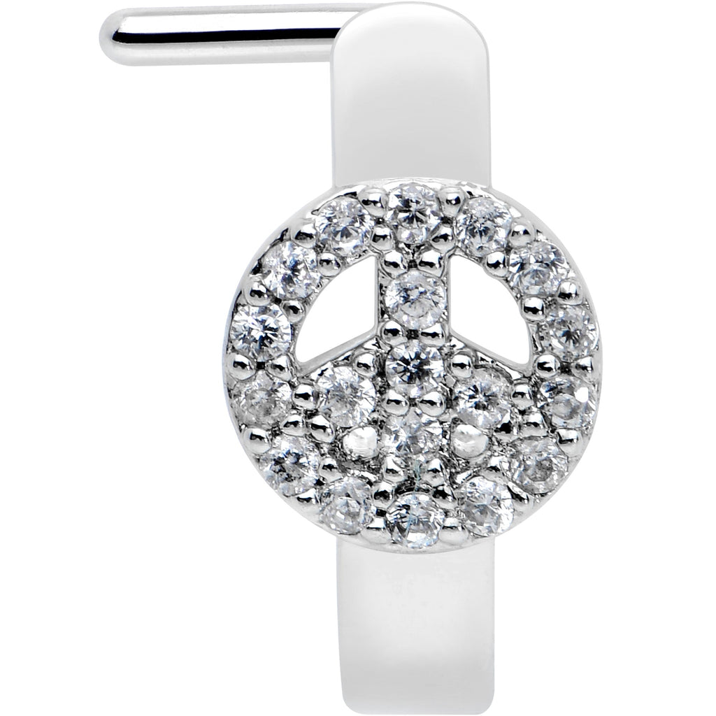 BodyCandy 20G 1/4 Clear Gem Retro Peace Sign Faux Hoop L Shape Nose Ring — detail close-up