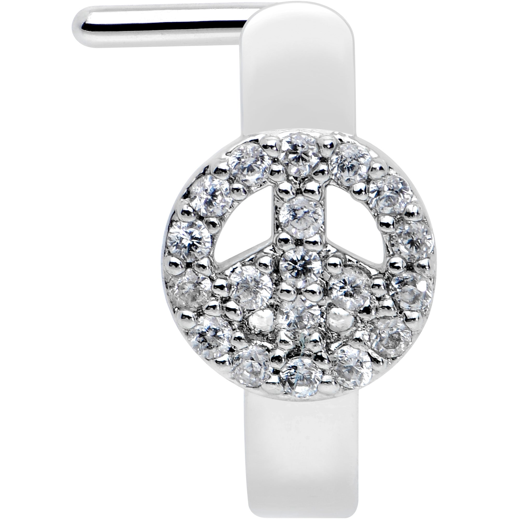 BodyCandy 20G 1/4 Clear Gem Retro Peace Sign Faux Hoop L Shape Nose Ring — detail close-up