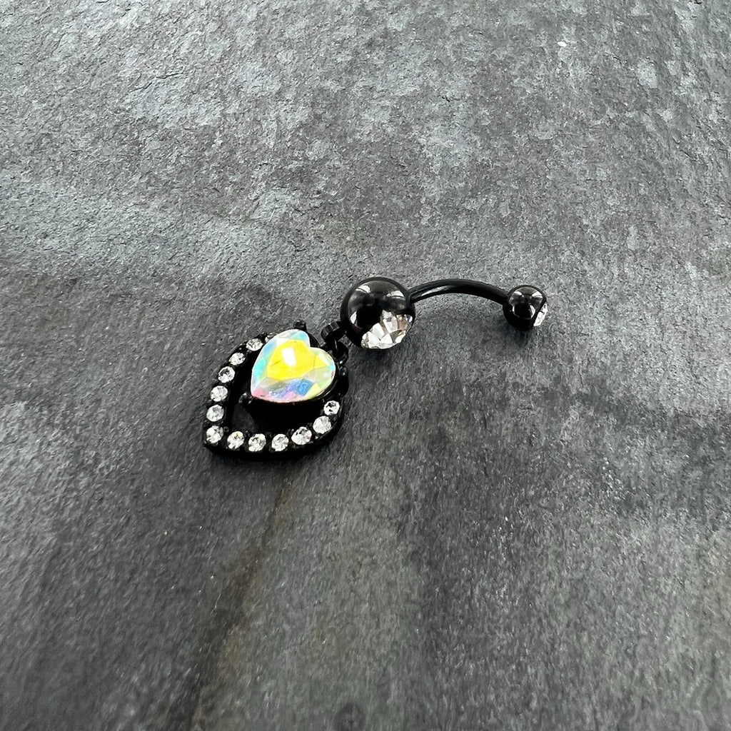 BodyCandy Clear Aurora Gem Black Rococo Heart Dangle Belly Ring — detail close-up