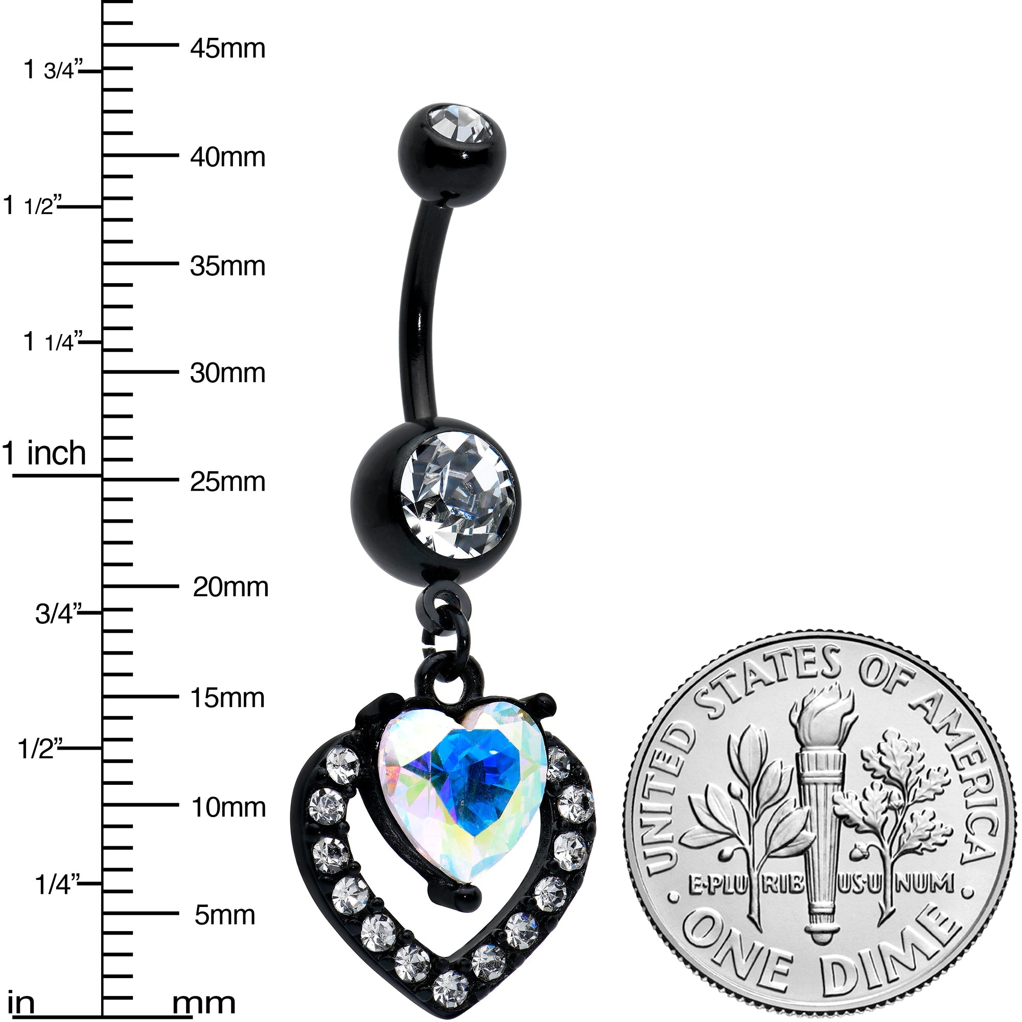 BodyCandy Clear Aurora Gem Black Rococo Heart Dangle Belly Ring — lifestyle context