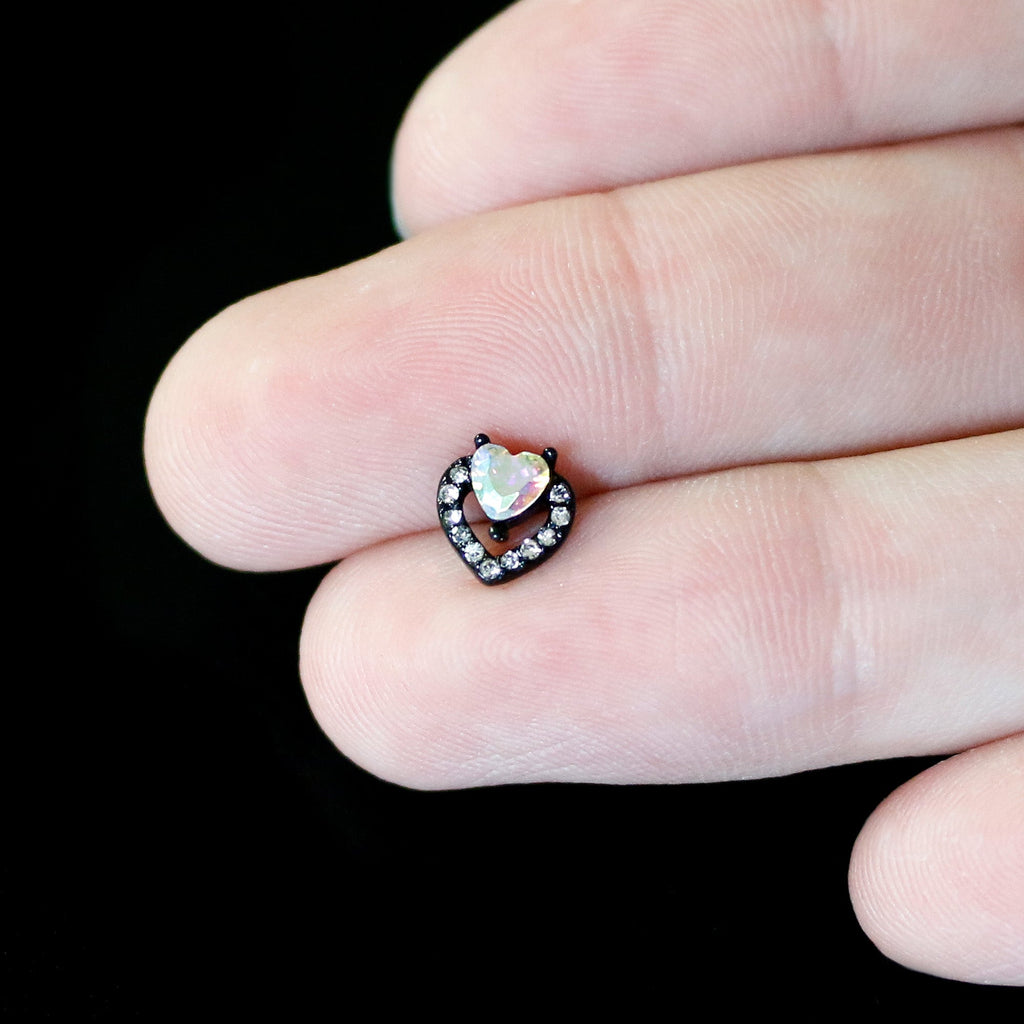 BodyCandy 16G 5/16 Aurora Gem Black Rococo Hearts Labret Monroe Tragus — in-use photo