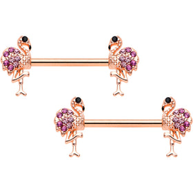14G 9/16  Pink Gem Rose Gold Hue Fashion Flamingo Nipple Ring Set