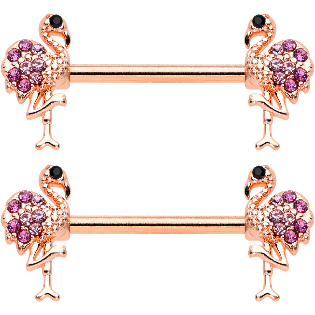 BodyCandy 14G 9/16  Pink Gem Rose Gold Hue Fashion Flamingo Nipple Ring Set — detail close-up