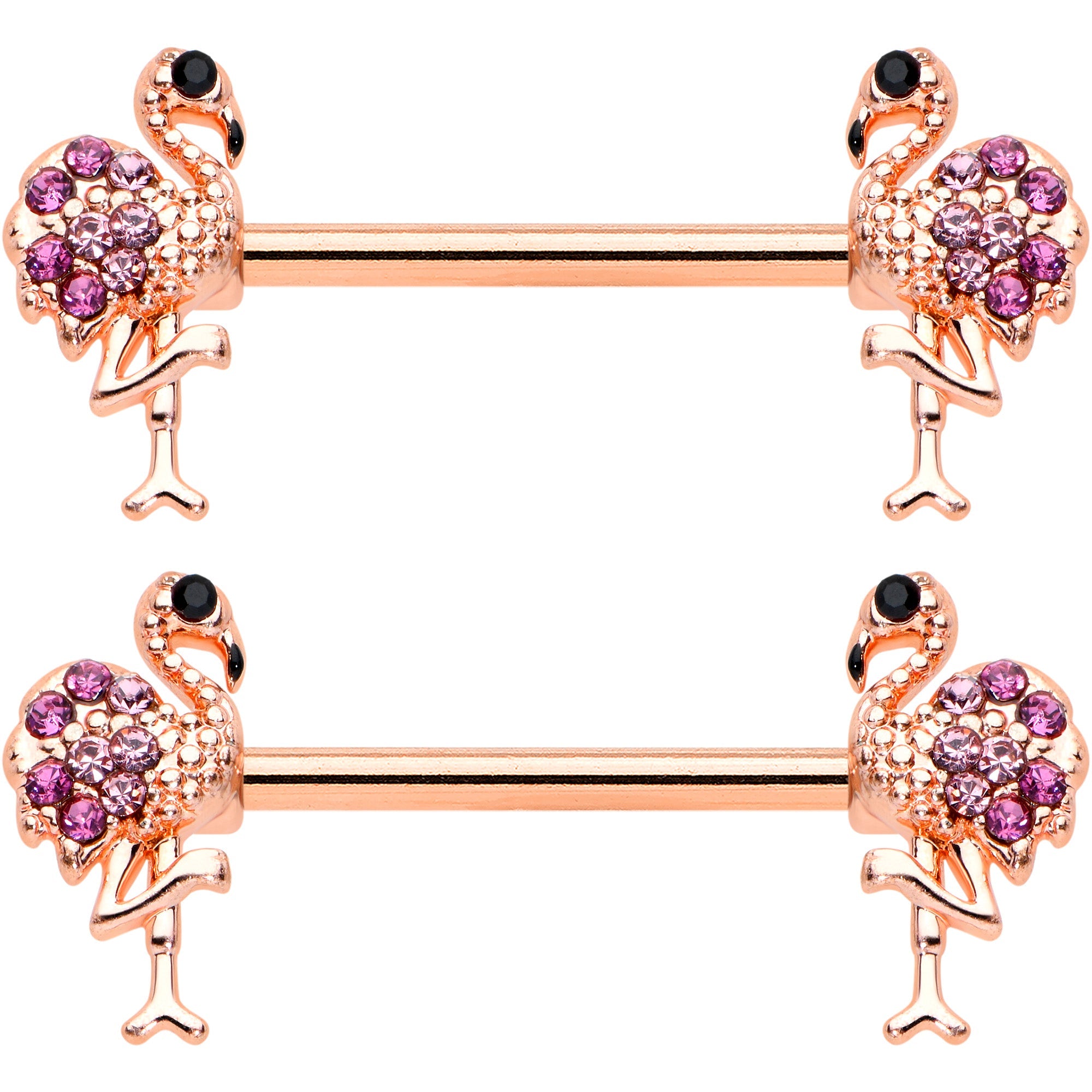 BodyCandy 14G 9/16  Pink Gem Rose Gold Hue Fashion Flamingo Nipple Ring Set — detail close-up