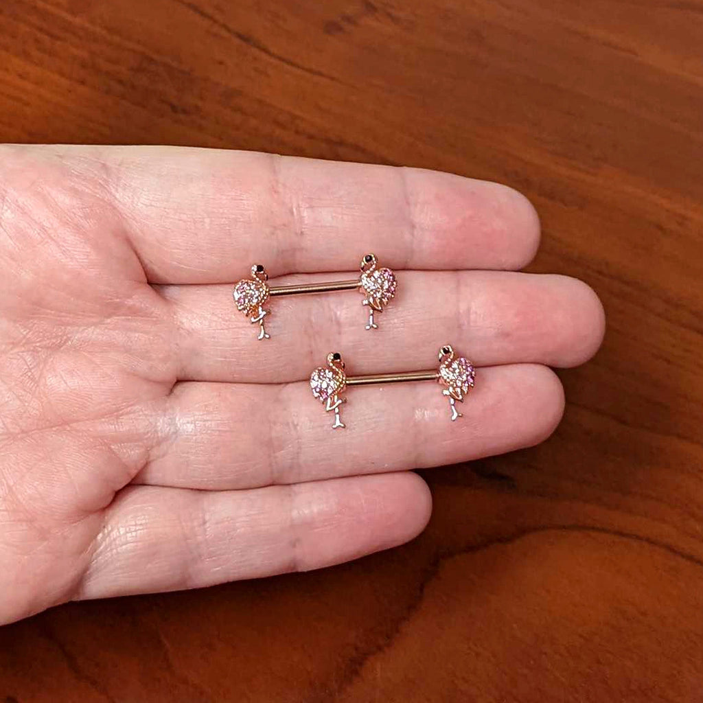 BodyCandy 14G 9/16  Pink Gem Rose Gold Hue Fashion Flamingo Nipple Ring Set — side view