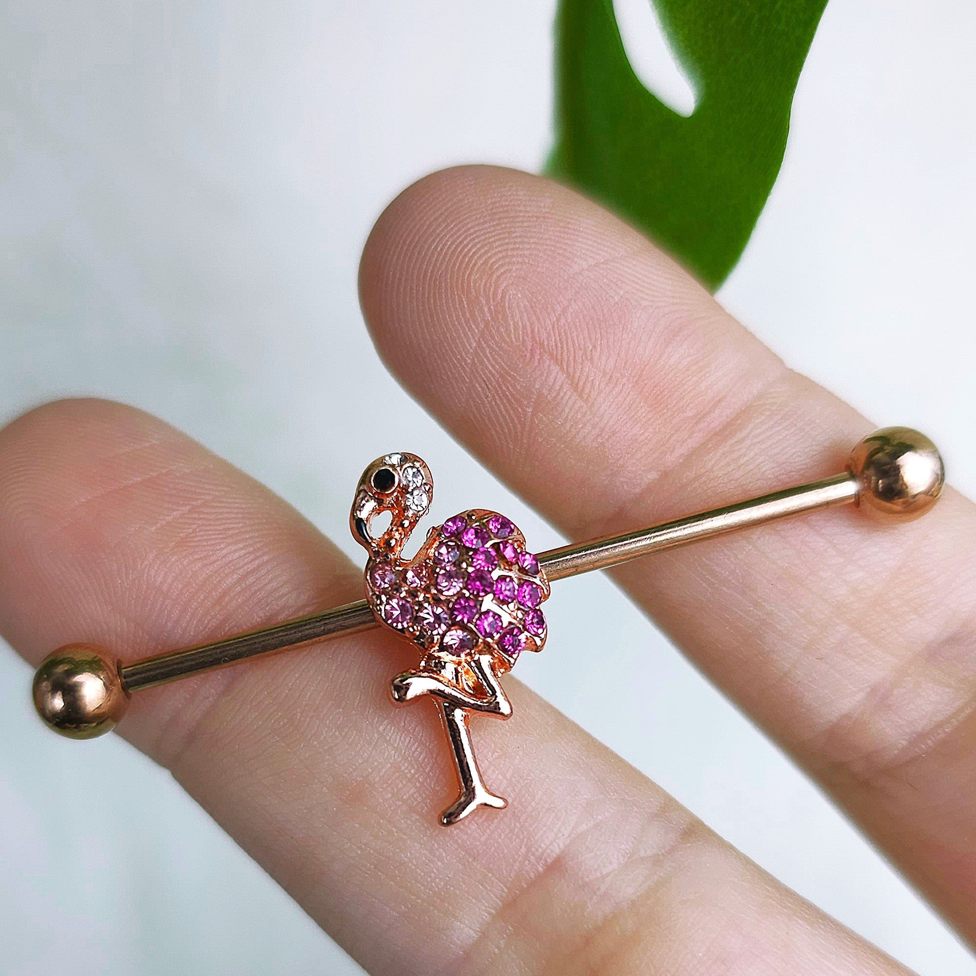 BodyCandy 14G Pink Gem Rosy Tone Fashion Flamingo Industrial Barbell 38mm — side view
