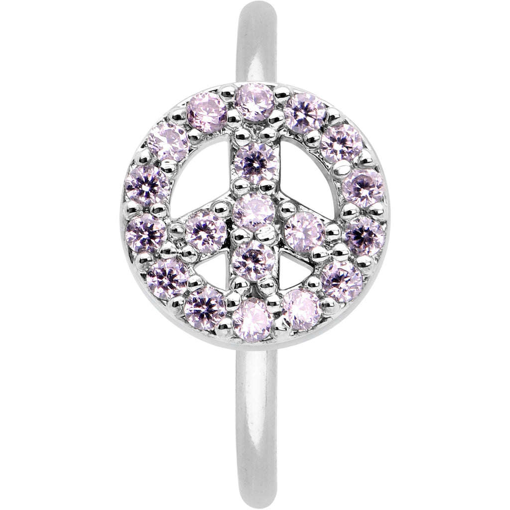 BodyCandy 20G 5/16 Faint Pink Gem Retro Peace Sign Seamless Nose Hoop — detail close-up