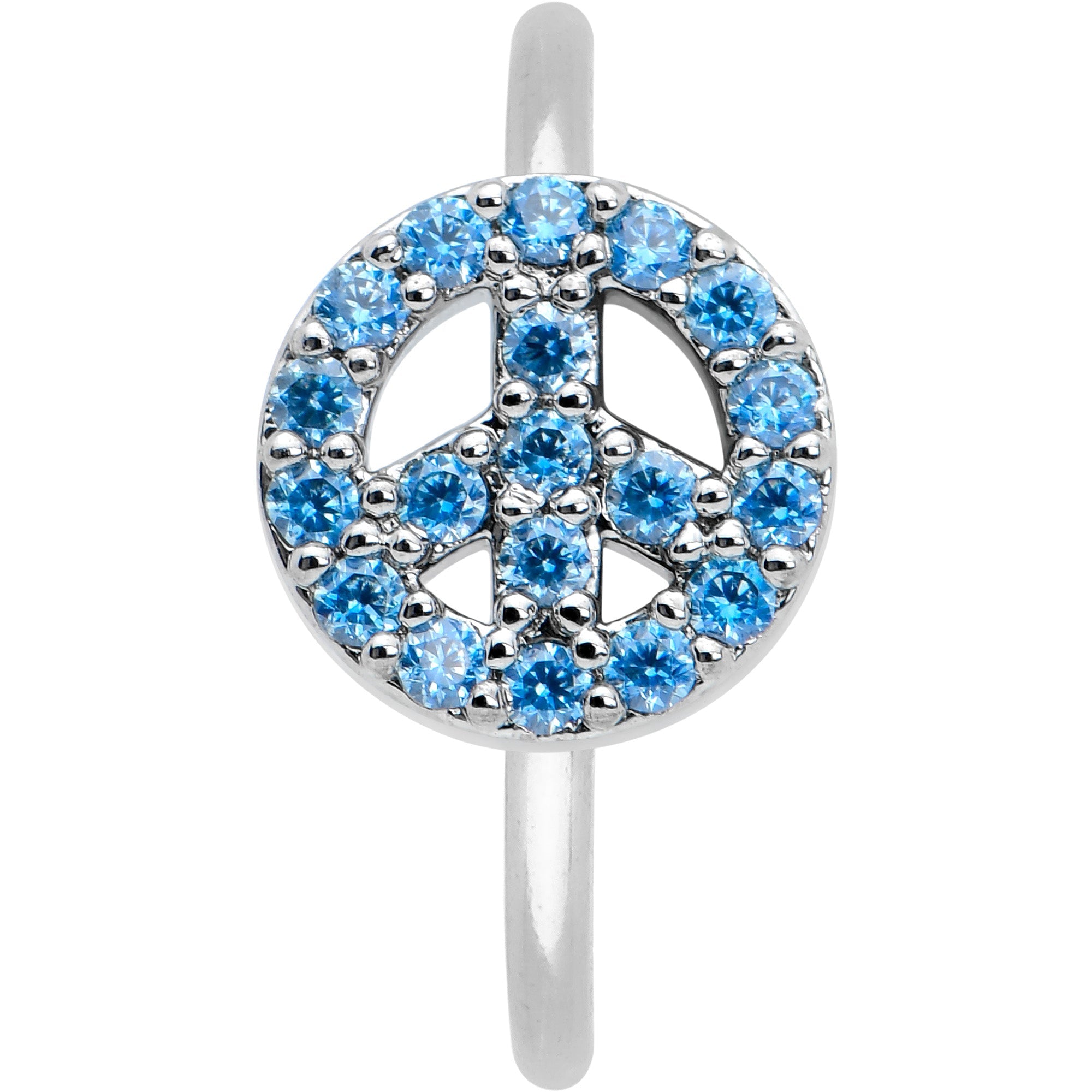 BodyCandy 20G 5/16 Blue Gem Retro Peace Sign Seamless Nose Hoop — detail close-up