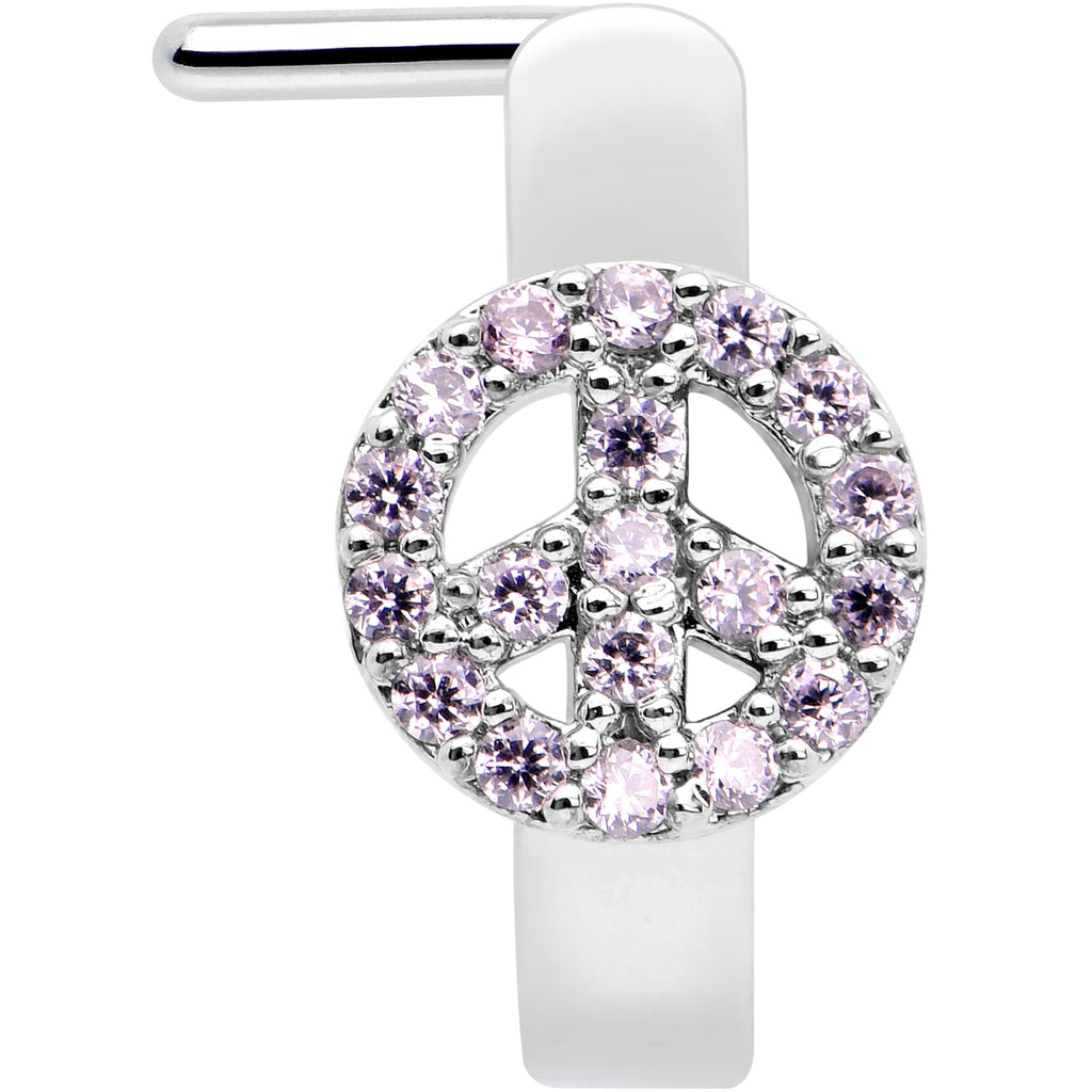 BodyCandy 20G 5/16 Faint Pink Gem Retro Peace Sign Faux Hoop L Shape Nose Ring — detail close-up