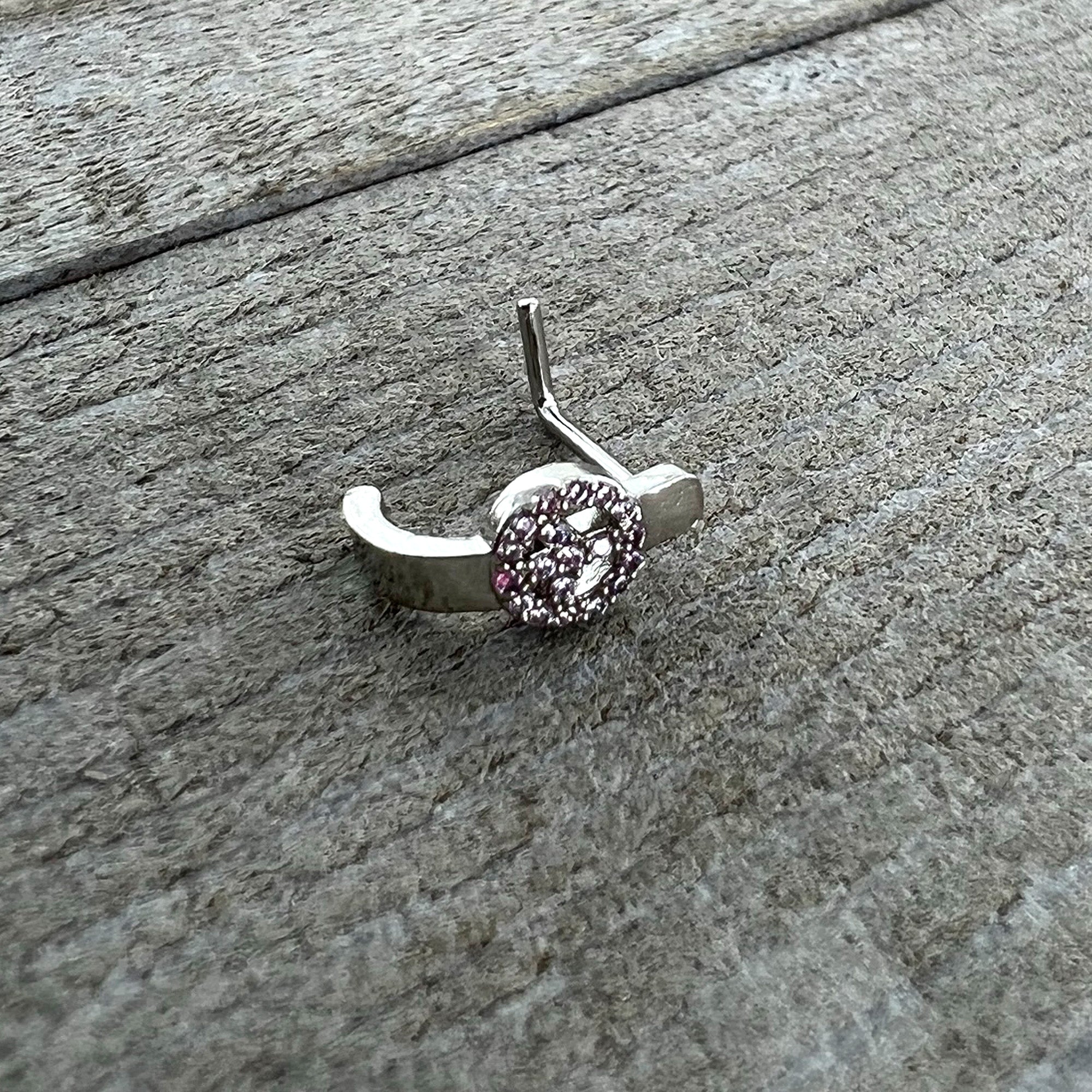 BodyCandy 20G 5/16 Faint Pink Gem Retro Peace Sign Faux Hoop L Shape Nose Ring — back view