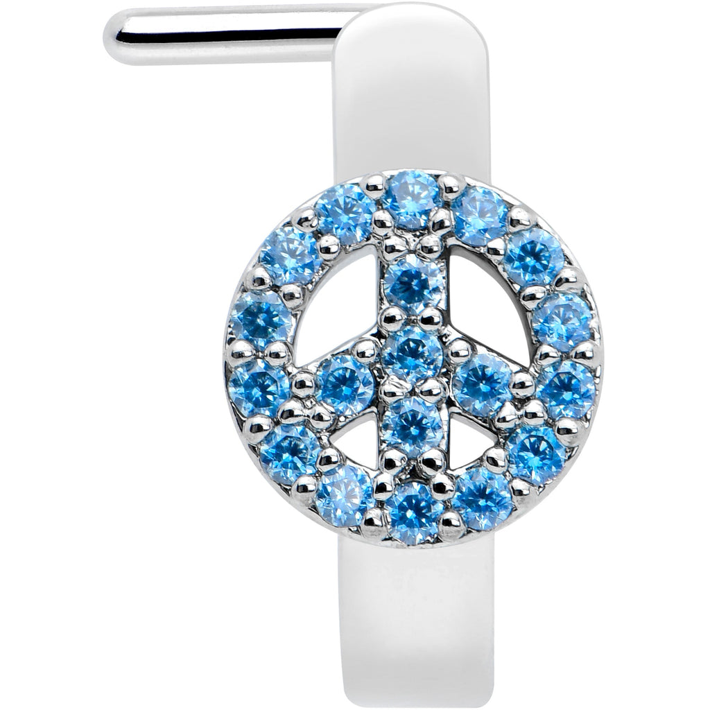 BodyCandy 20G 5/16 Blue Gem Retro Peace Sign Faux Hoop L Shape Nose Ring — detail close-up