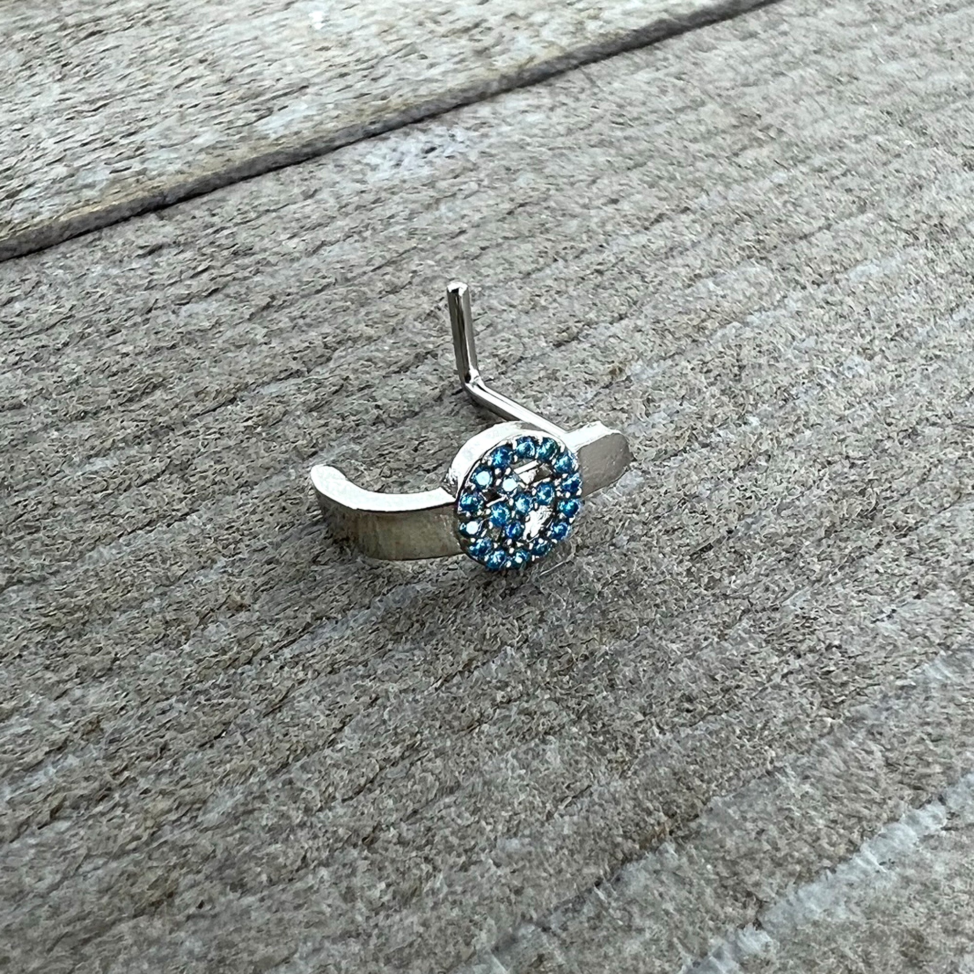 BodyCandy 20G 5/16 Blue Gem Retro Peace Sign Faux Hoop L Shape Nose Ring — back view