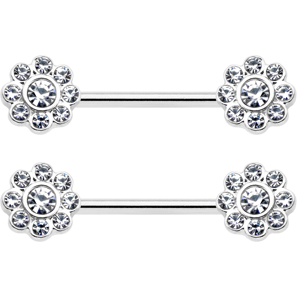 BodyCandy 14G 9/16 Clear Gem Whimsy Flower Barbell Nipple Ring Set — detail close-up