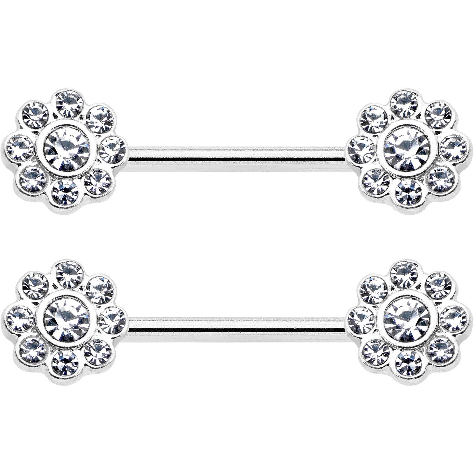 BodyCandy 14G 9/16 Clear Gem Whimsy Flower Barbell Nipple Ring Set — detail close-up