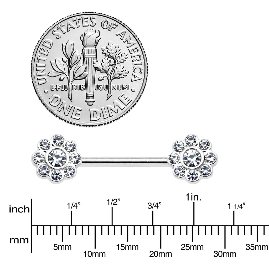 BodyCandy 14G 9/16 Clear Gem Whimsy Flower Barbell Nipple Ring Set — lifestyle context