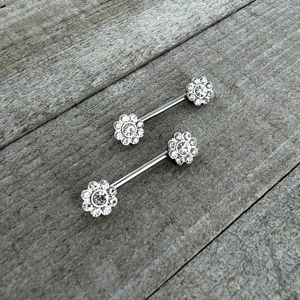BodyCandy 14G 9/16 Clear Gem Whimsy Flower Barbell Nipple Ring Set — side view