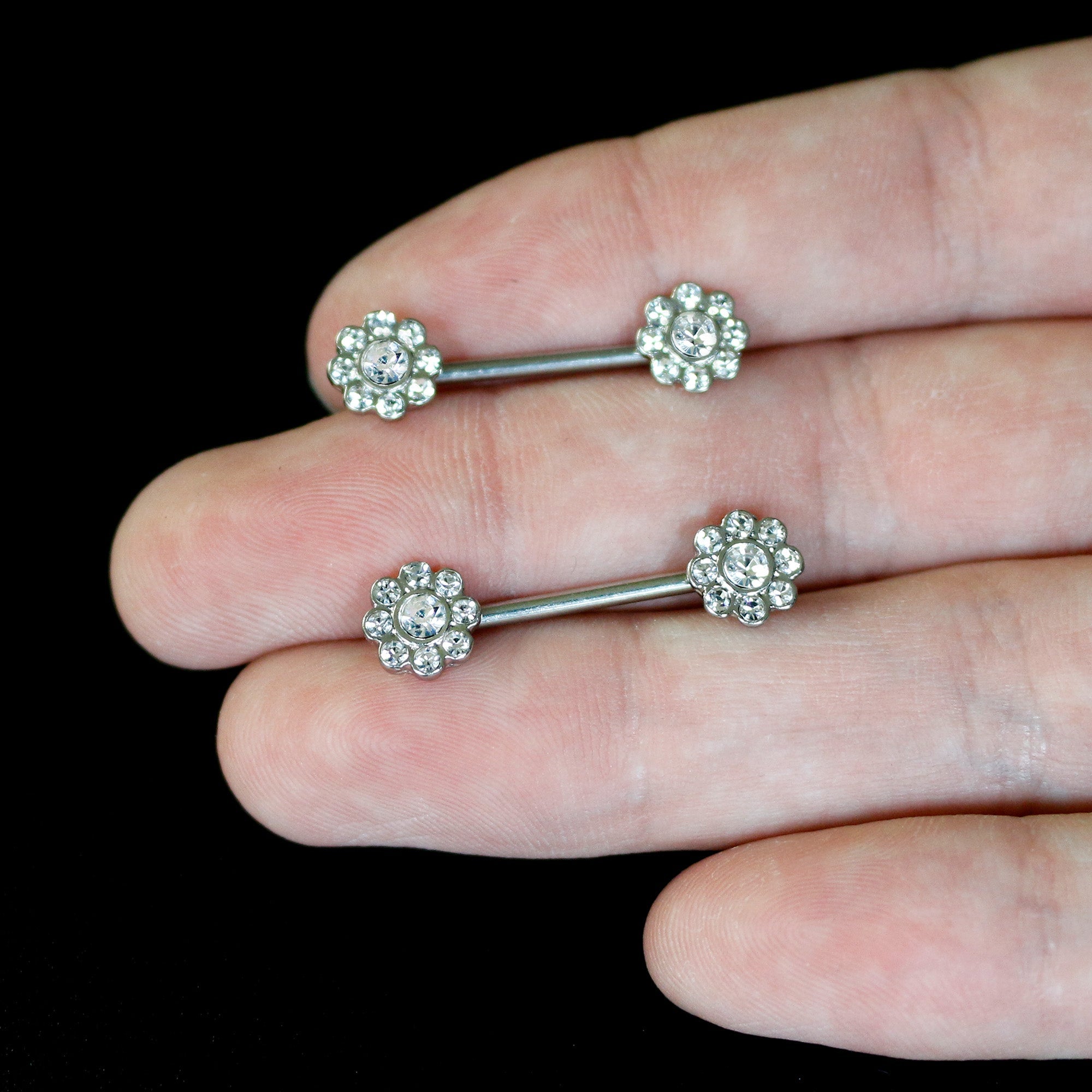 BodyCandy 14G 9/16 Clear Gem Whimsy Flower Barbell Nipple Ring Set — back view