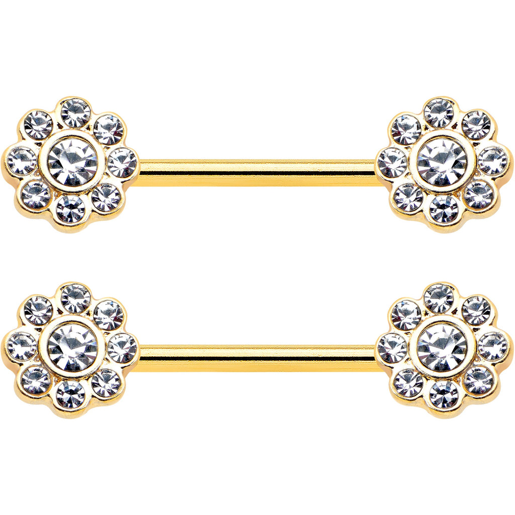 BodyCandy 14G 9/16 Clear Gem Gold Tone Whimsy Flower Barbell Nipple Ring Set — detail close-up