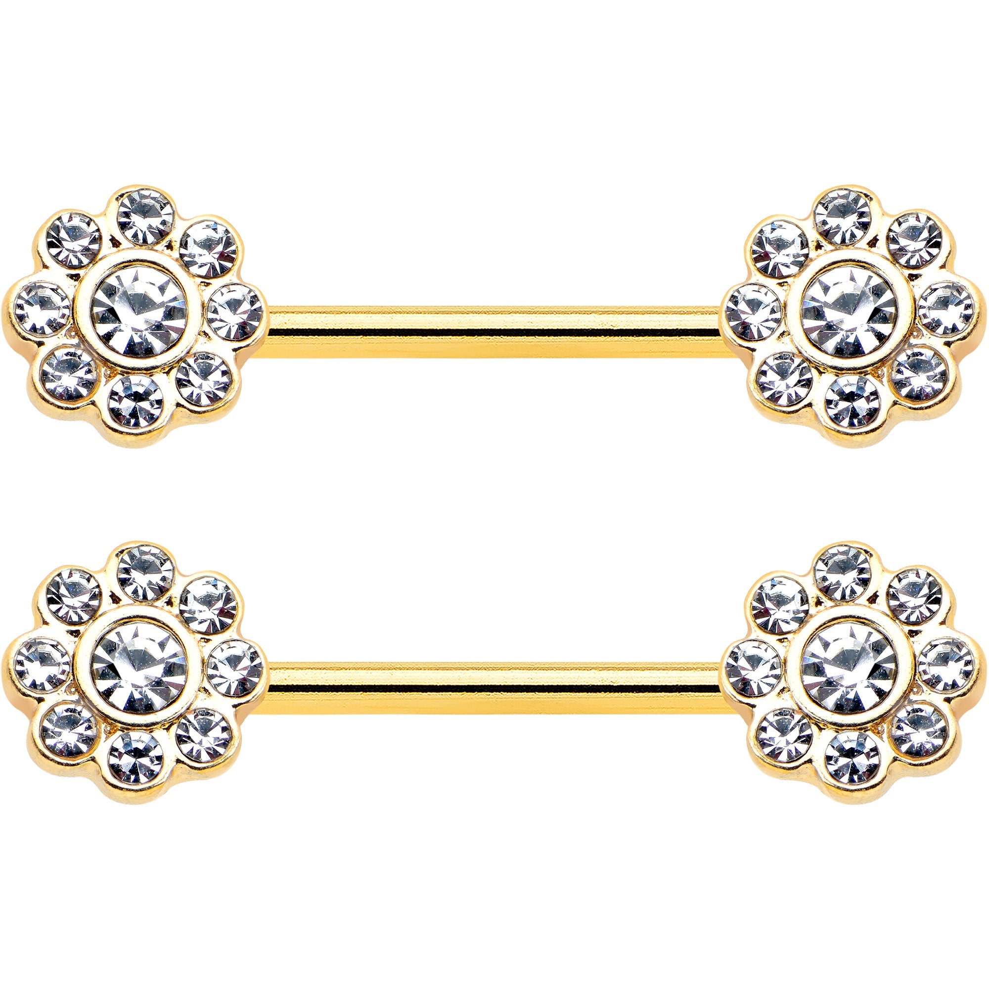 BodyCandy 14G 9/16 Clear Gem Gold Tone Whimsy Flower Barbell Nipple Ring Set — detail close-up