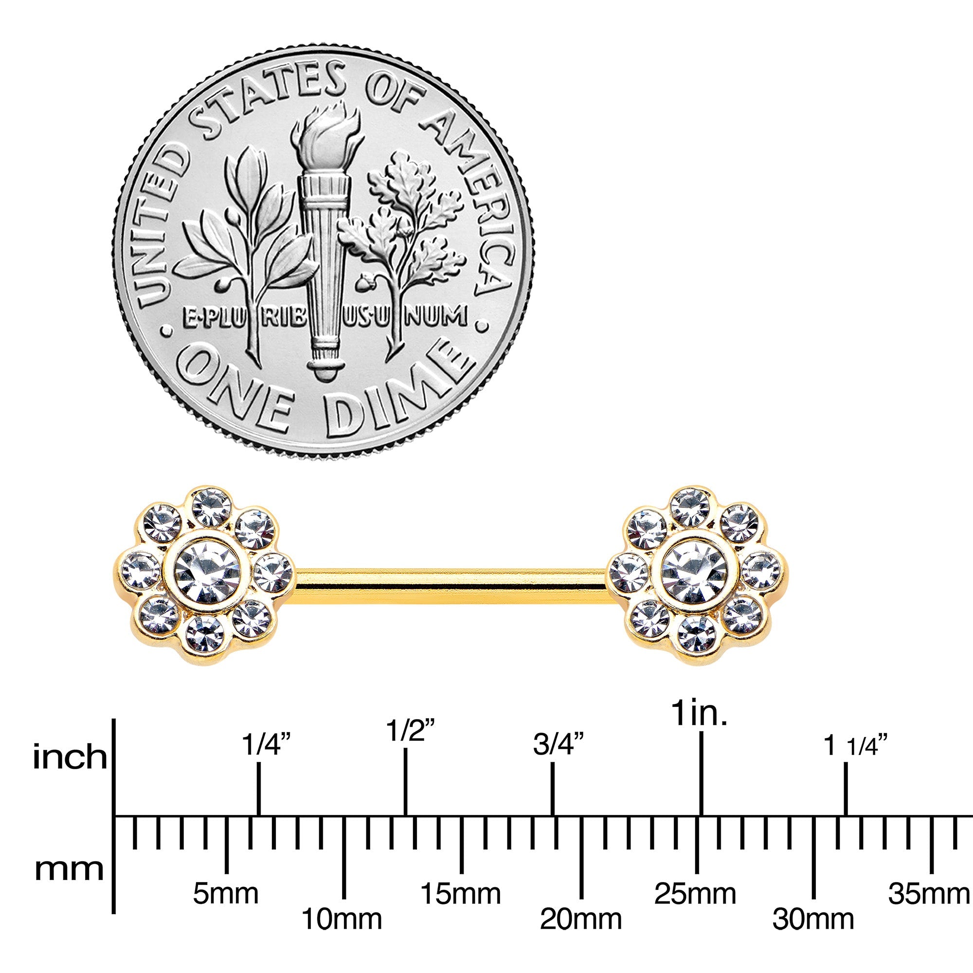 BodyCandy 14G 9/16 Clear Gem Gold Tone Whimsy Flower Barbell Nipple Ring Set — lifestyle context