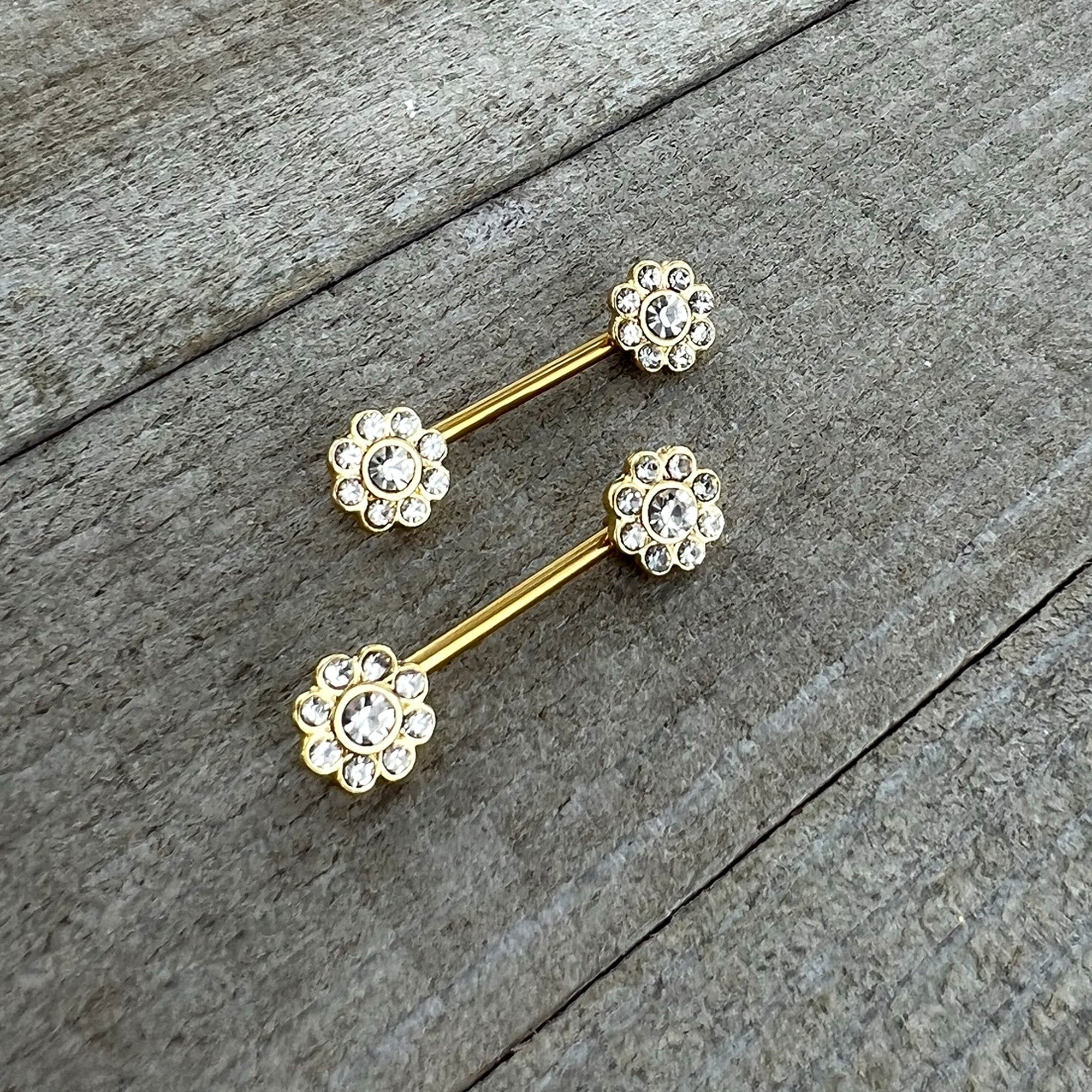 BodyCandy 14G 9/16 Clear Gem Gold Tone Whimsy Flower Barbell Nipple Ring Set — side view