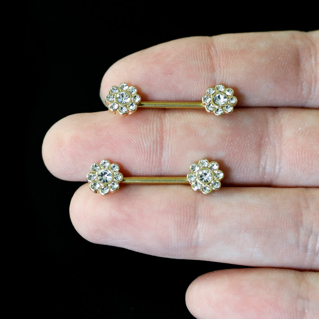 BodyCandy 14G 9/16 Clear Gem Gold Tone Whimsy Flower Barbell Nipple Ring Set — back view