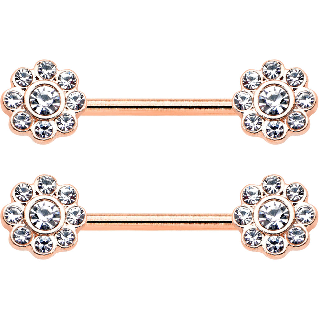 BodyCandy 14G 9/16 Clear Gem Rosy Tone Whimsy Flower Barbell Nipple Ring Set — detail close-up