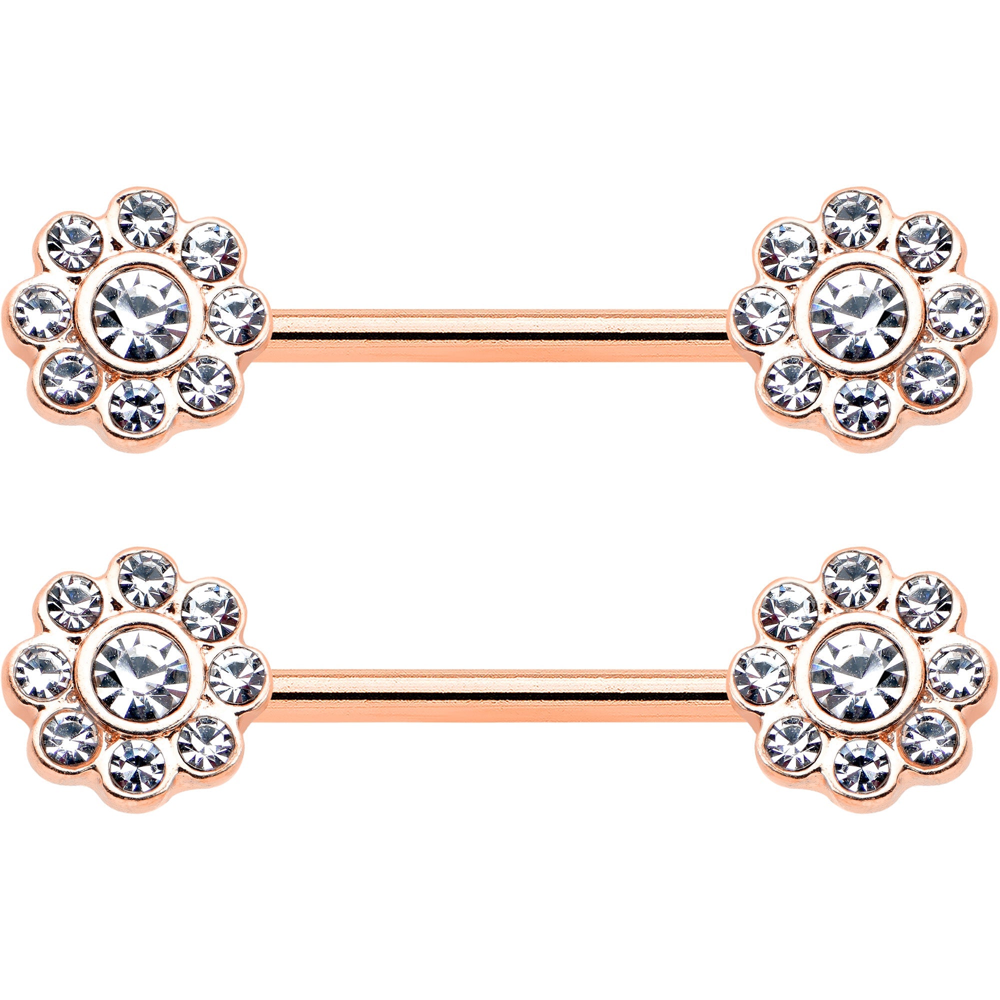 BodyCandy 14G 9/16 Clear Gem Rosy Tone Whimsy Flower Barbell Nipple Ring Set — detail close-up