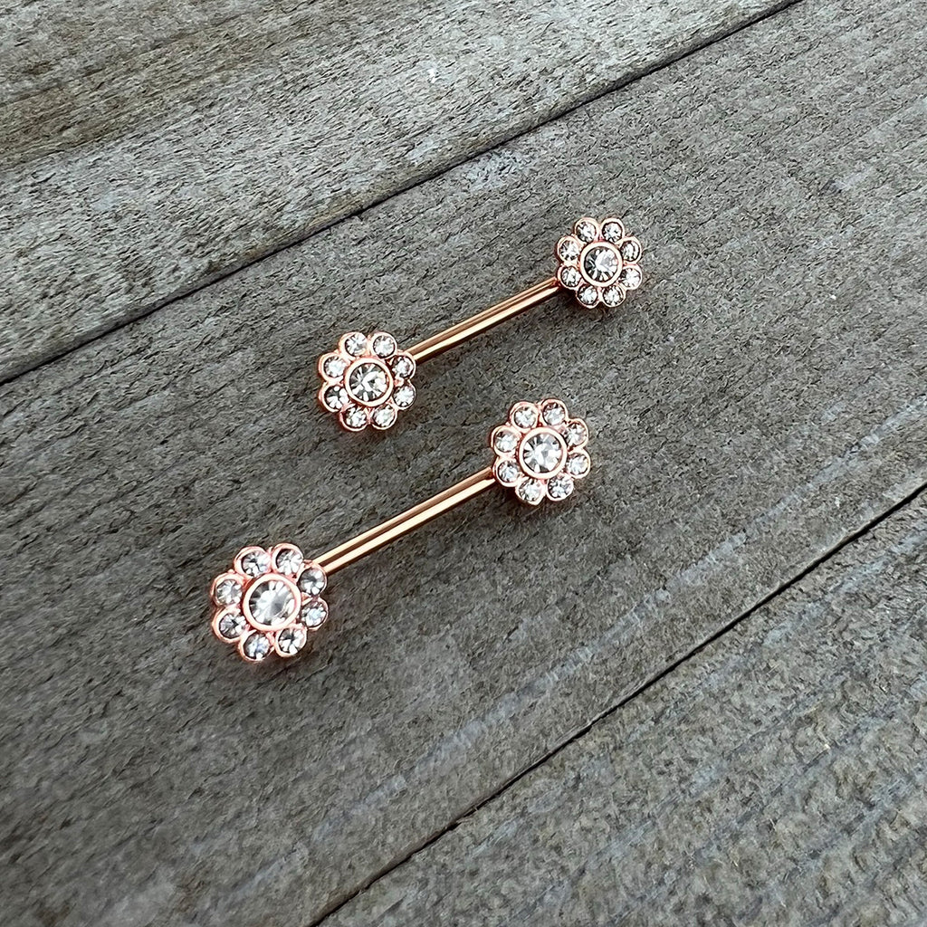 BodyCandy 14G 9/16 Clear Gem Rosy Tone Whimsy Flower Barbell Nipple Ring Set — side view