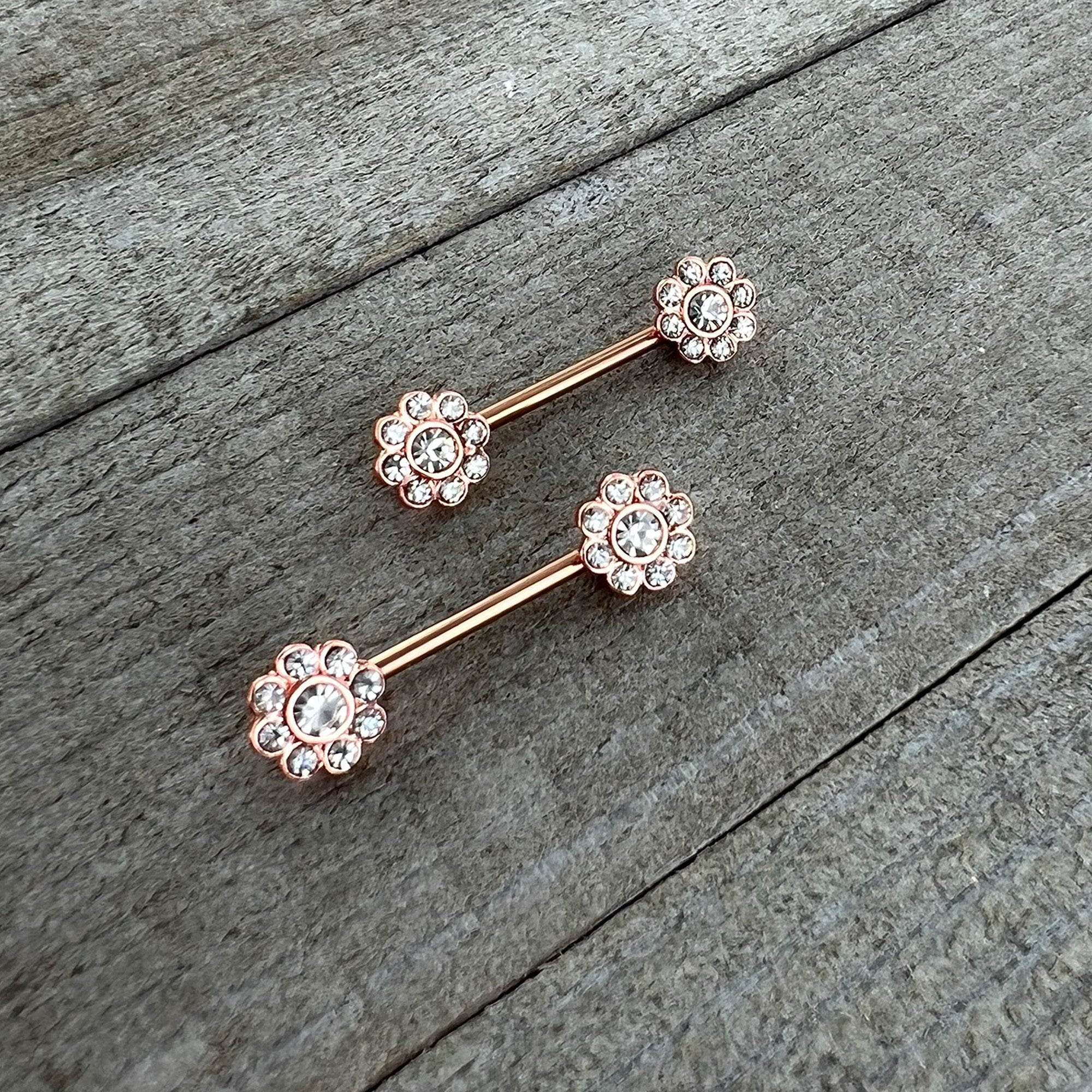 BodyCandy 14G 9/16 Clear Gem Rosy Tone Whimsy Flower Barbell Nipple Ring Set — side view