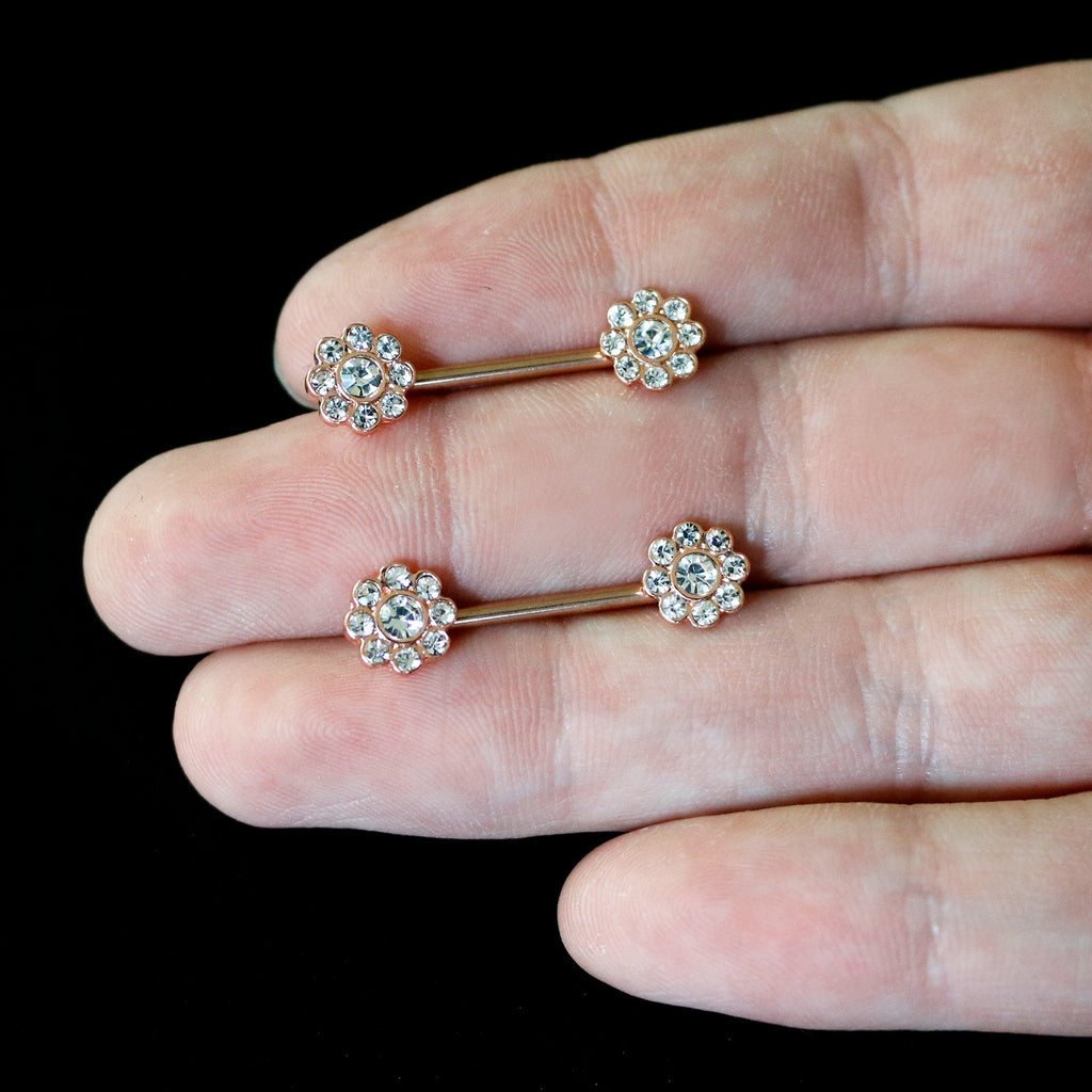 BodyCandy 14G 9/16 Clear Gem Rosy Tone Whimsy Flower Barbell Nipple Ring Set — back view