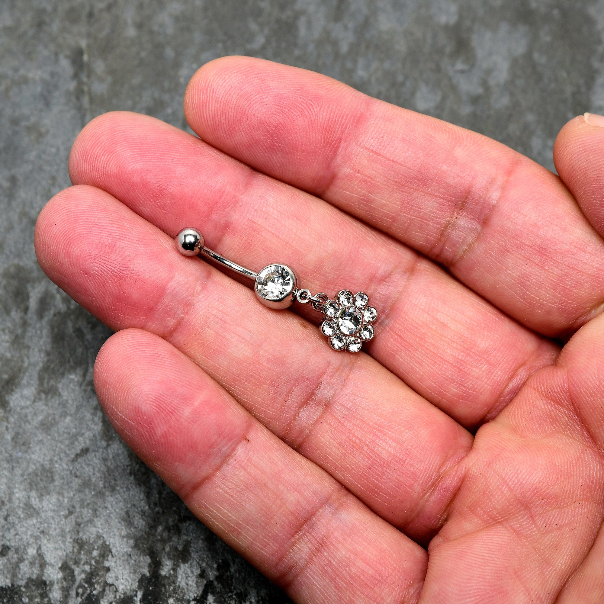 BodyCandy Clear Gem Whimsy Flower Dangle Belly Ring — detail close-up