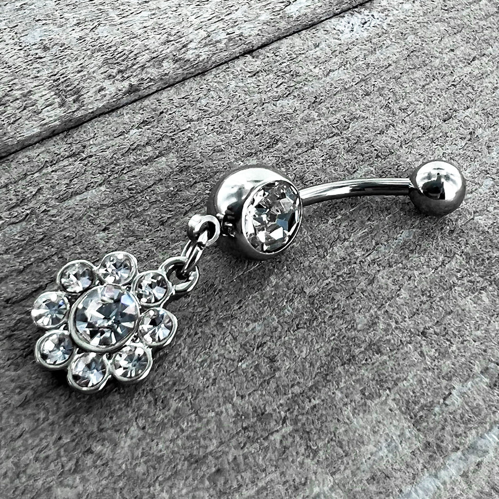 BodyCandy Clear Gem Whimsy Flower Dangle Belly Ring — side view