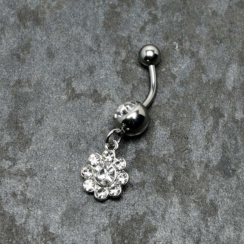 BodyCandy Clear Gem Whimsy Flower Dangle Belly Ring — in-use photo