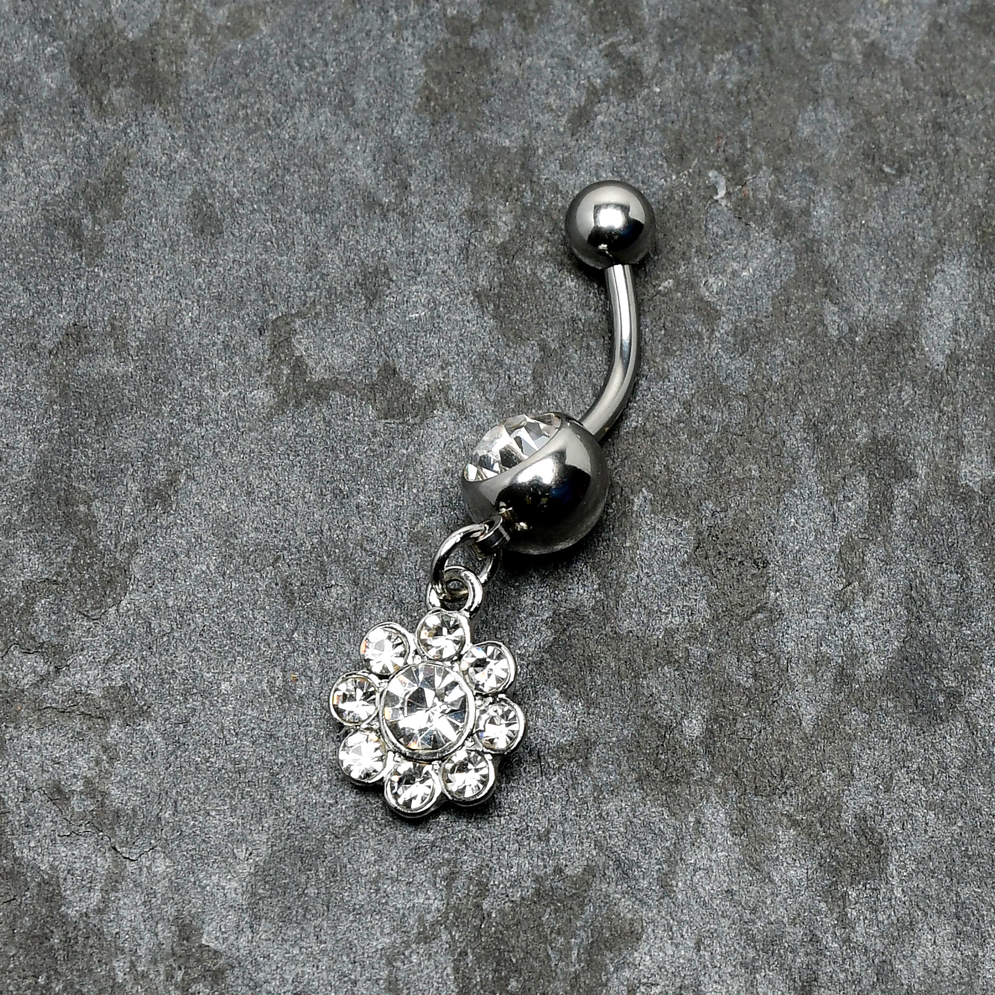 BodyCandy Clear Gem Whimsy Flower Dangle Belly Ring — in-use photo