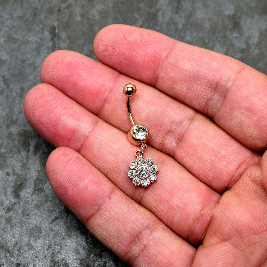 BodyCandy Clear Gem Rose Gold Tone Whimsy Flower Dangle Belly Ring — detail close-up