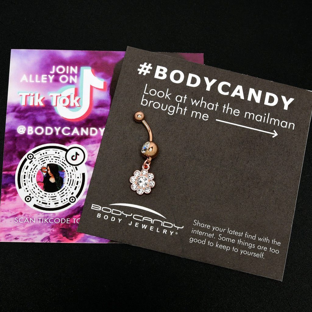 BodyCandy Clear Gem Rose Gold Tone Whimsy Flower Dangle Belly Ring — side view