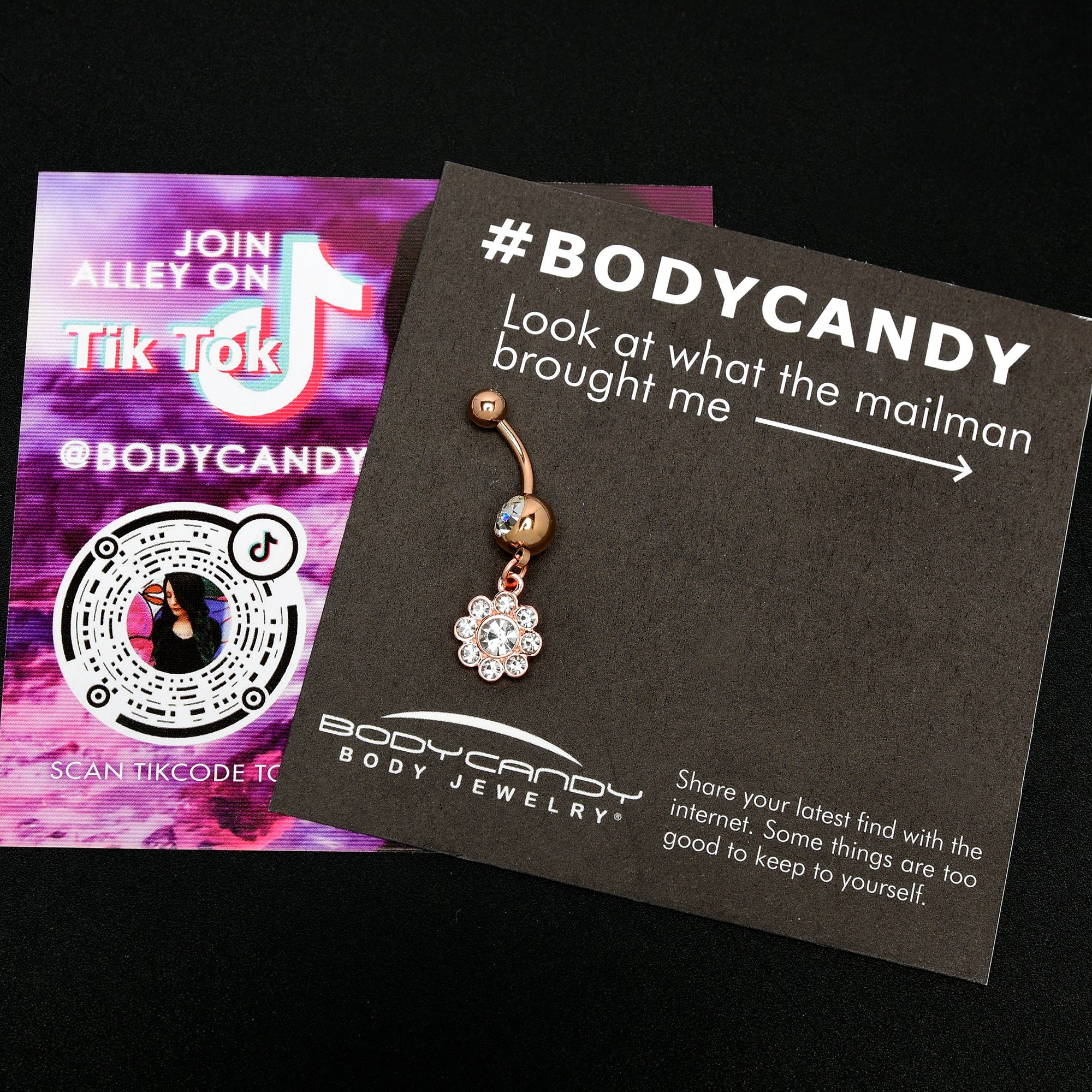 BodyCandy Clear Gem Rose Gold Tone Whimsy Flower Dangle Belly Ring — side view