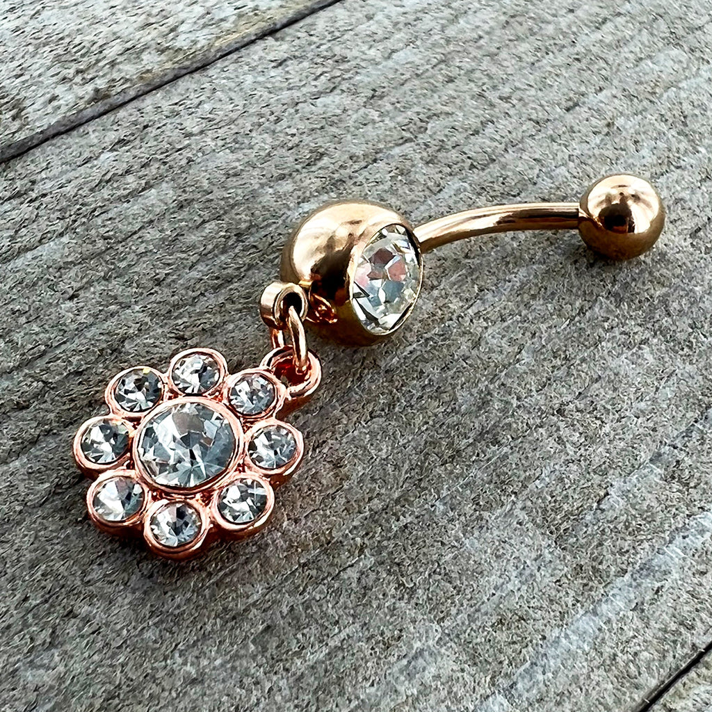 BodyCandy Clear Gem Rose Gold Tone Whimsy Flower Dangle Belly Ring — back view