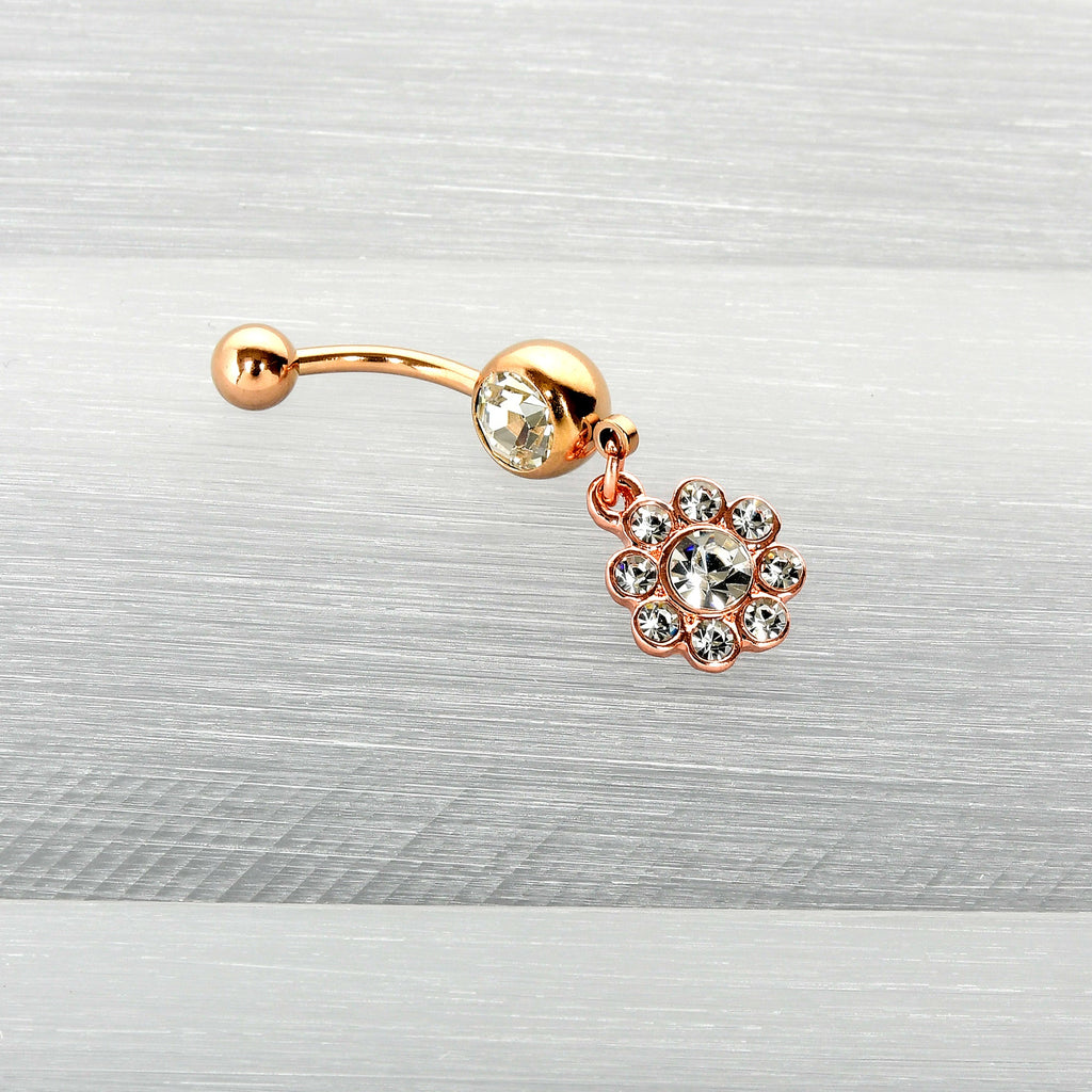 BodyCandy Clear Gem Rose Gold Tone Whimsy Flower Dangle Belly Ring — alternative angle