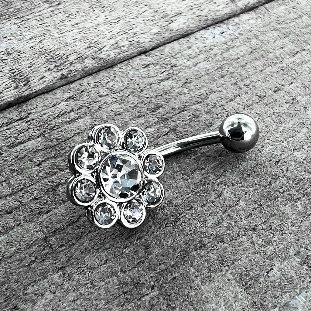 BodyCandy Clear Gem Whimsy Flower Belly Ring — in-use photo