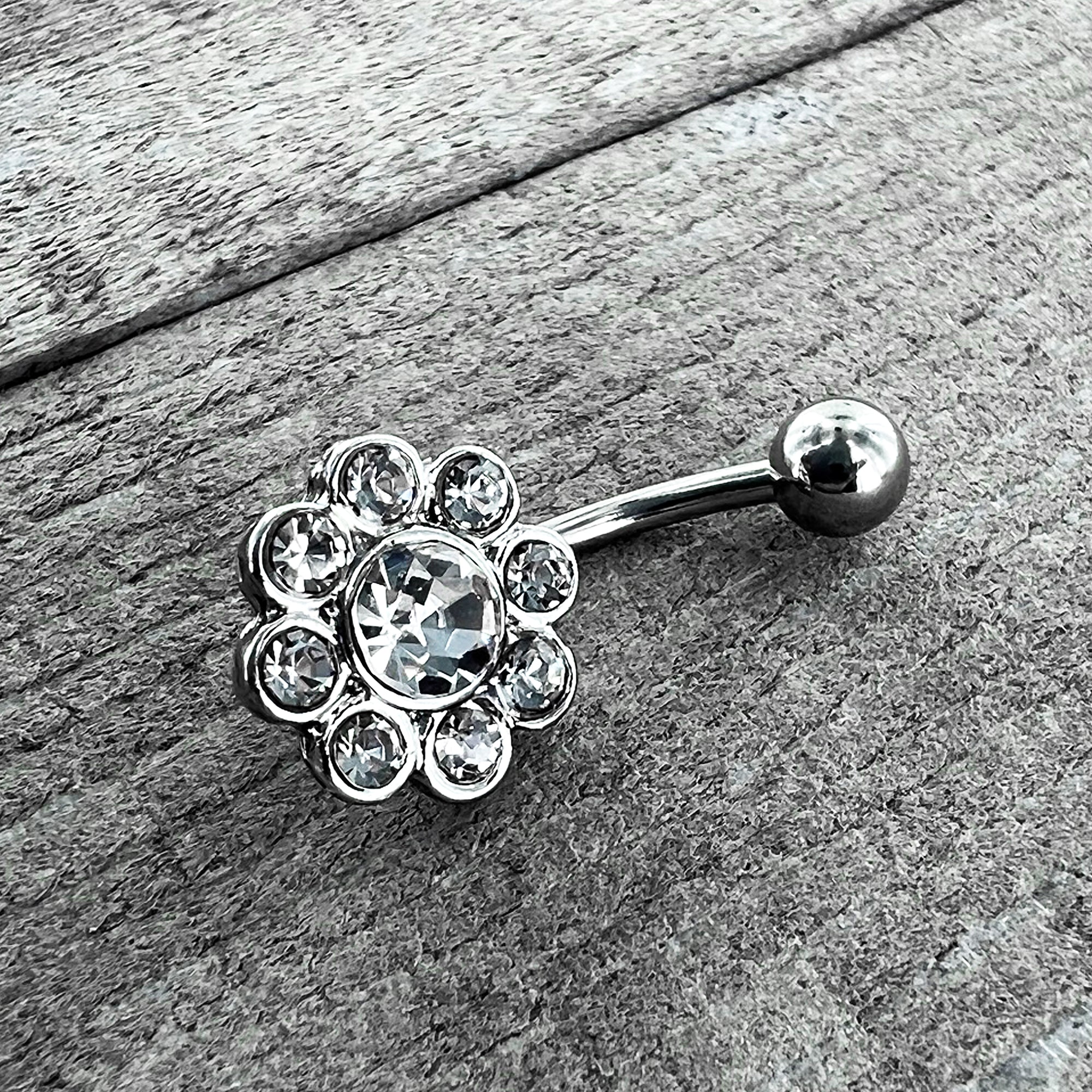 BodyCandy Clear Gem Whimsy Flower Belly Ring — in-use photo