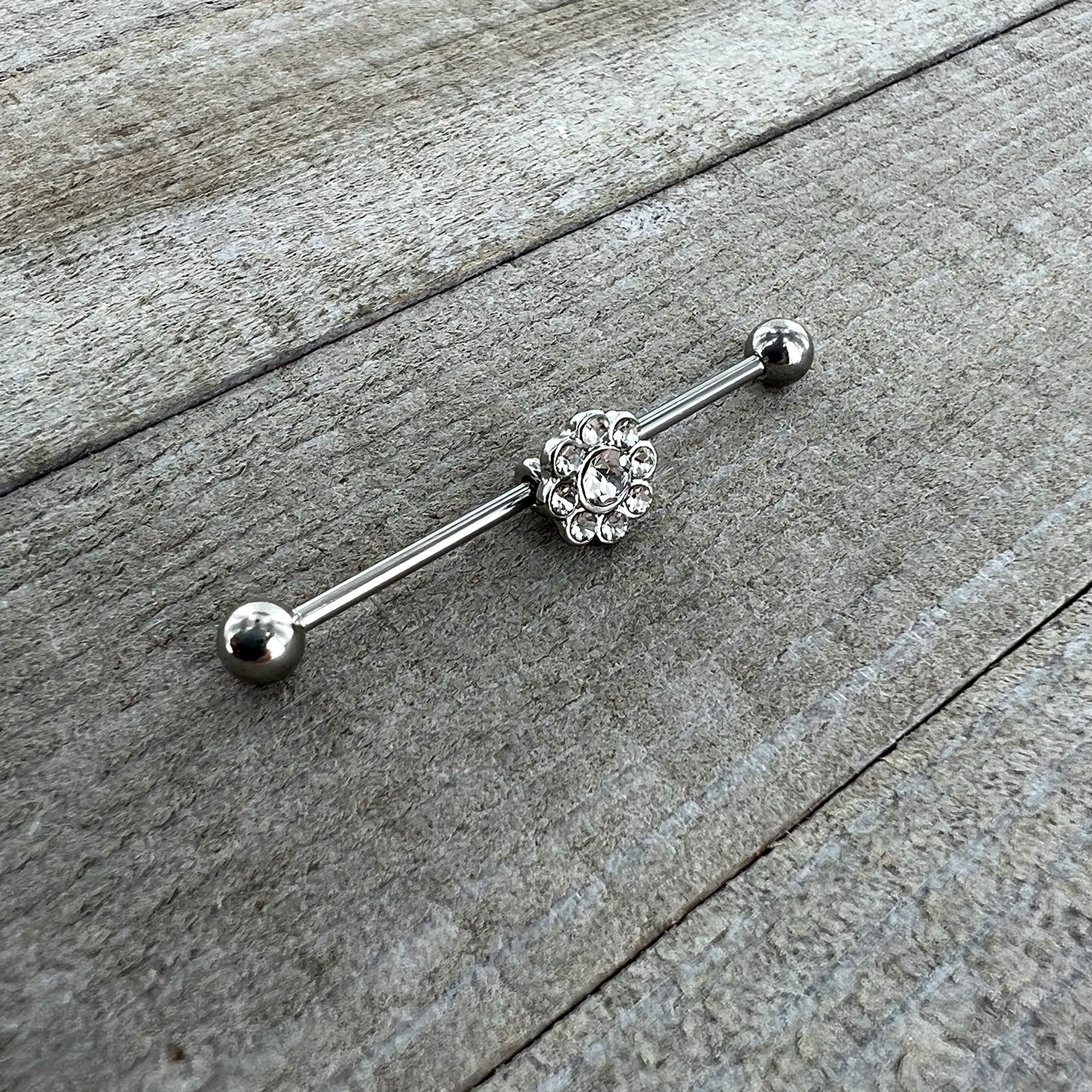 BodyCandy 14G Clear Gem Whimsy Flower Industrial Barbell 38mm — side view