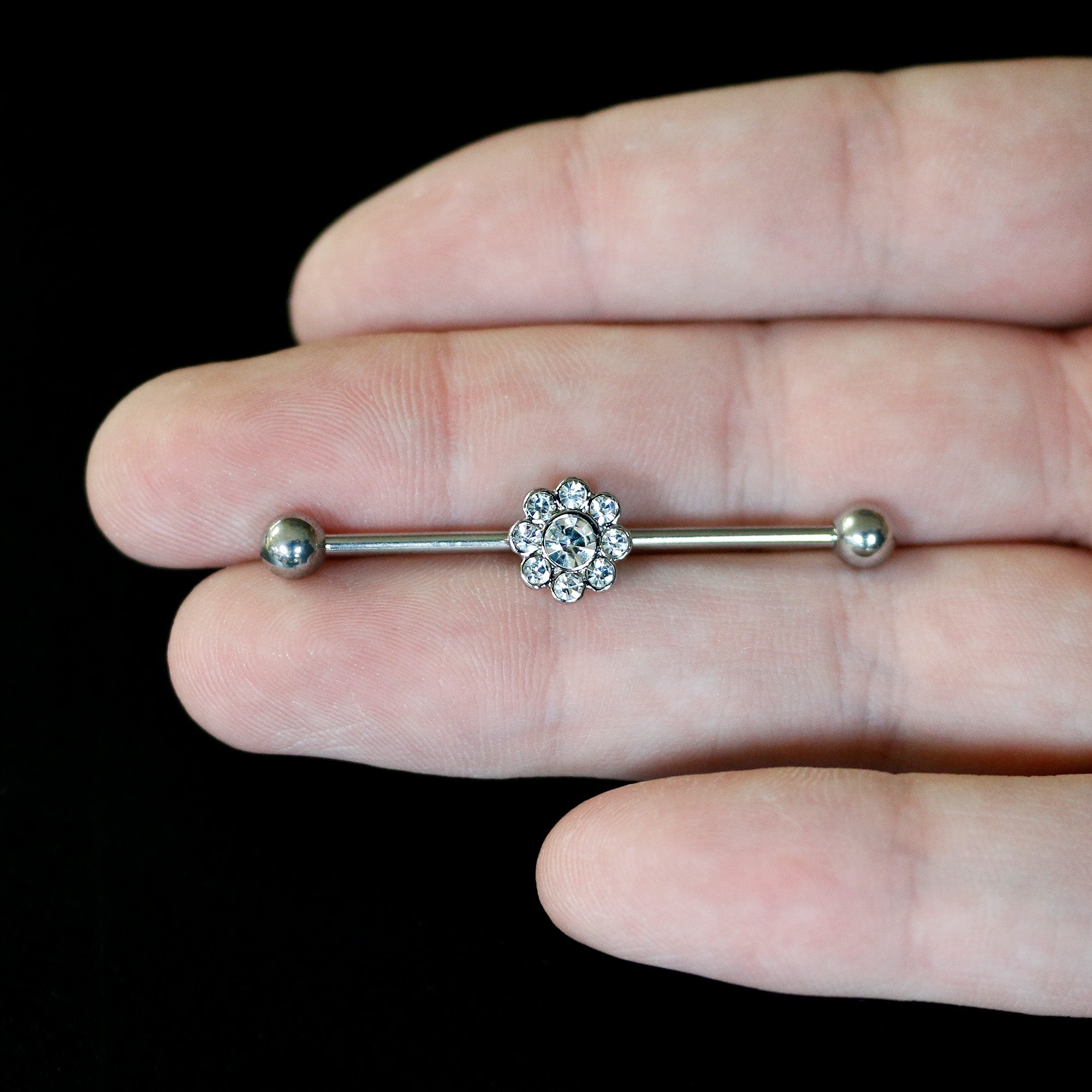 BodyCandy 14G Clear Gem Whimsy Flower Industrial Barbell 38mm — back view